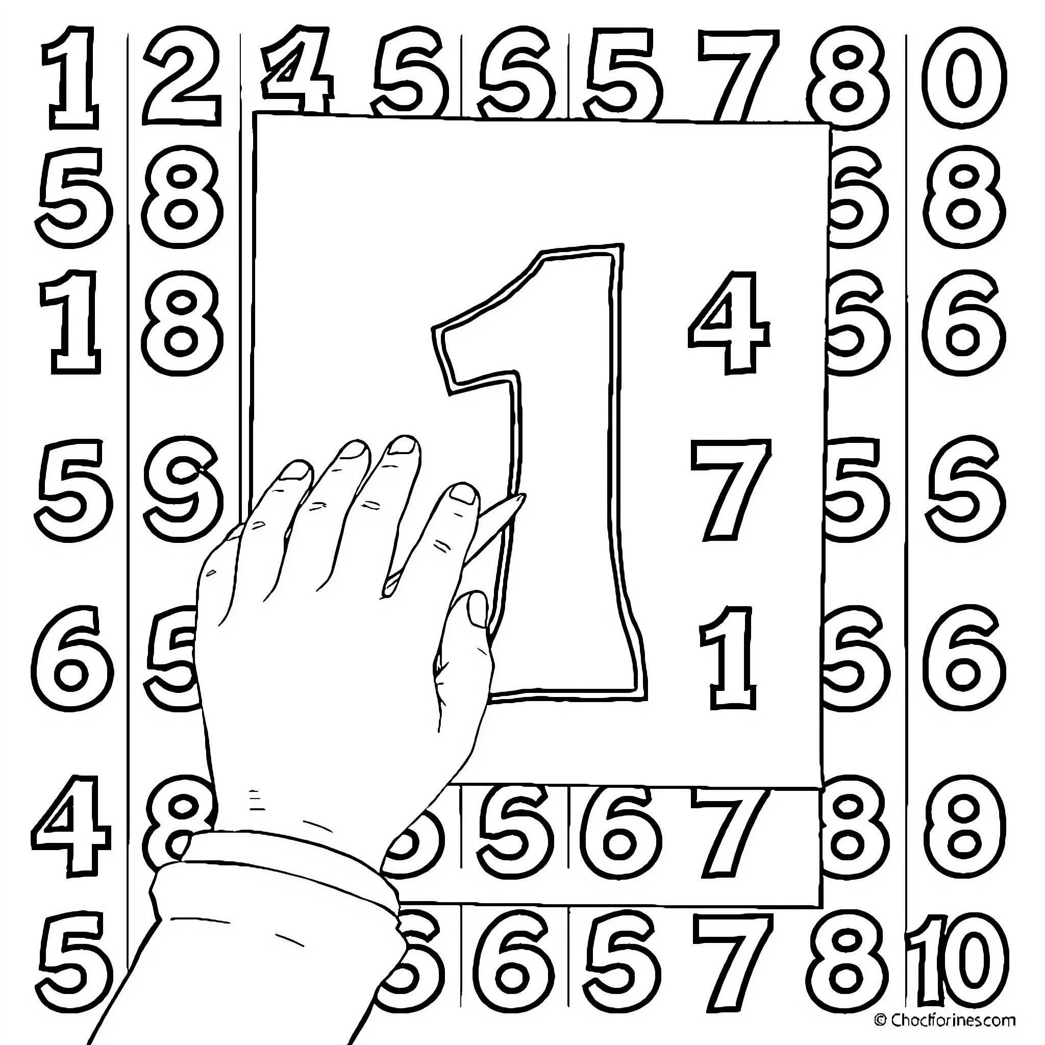 Number 1 hand gesture with numerical pattern Coloring Page (free black-and-white line drawing printable PDF for all, from beginners to advanced learners, including children, teens, adults, and seniors)