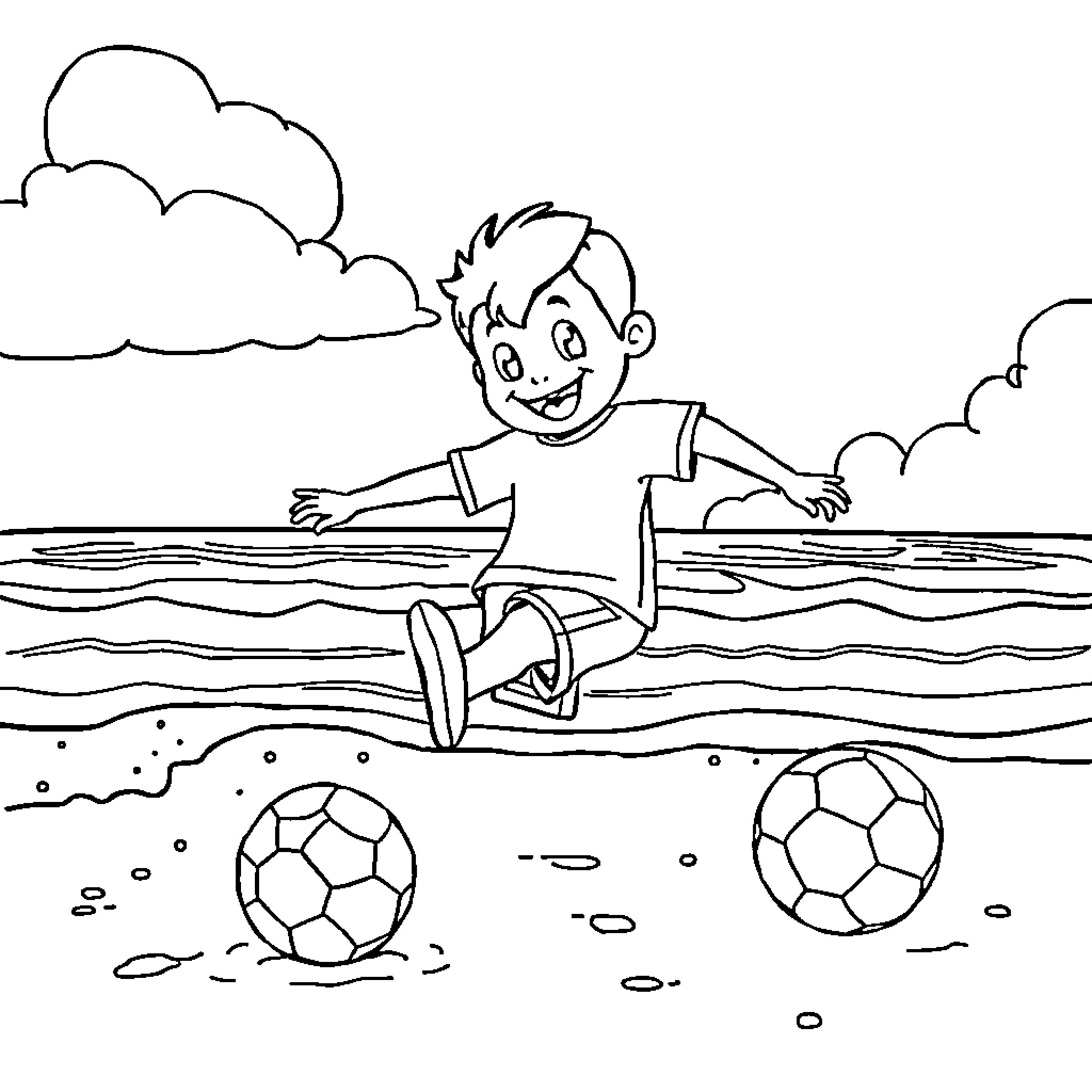 Bluey playing with soccer balls on the beach Coloring Page (free black-and-white line drawing printable PDF for all, from beginners to advanced learners, including children, teens, adults, and seniors)
