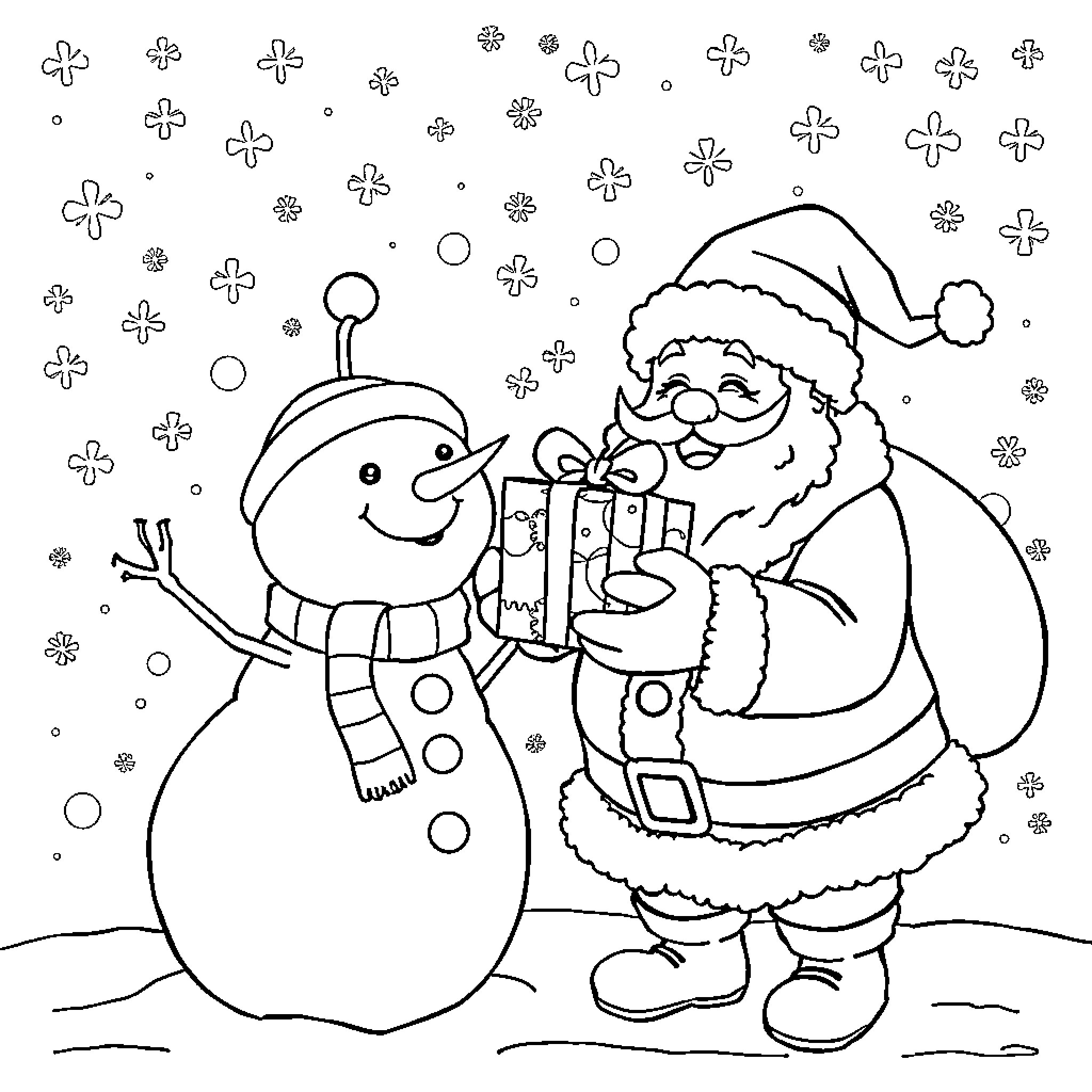 Santa and Snowman Celebrate Winter Coloring Page (free black-and-white line drawing printable PDF for all, from beginners to advanced learners, including children, teens, adults, and seniors)