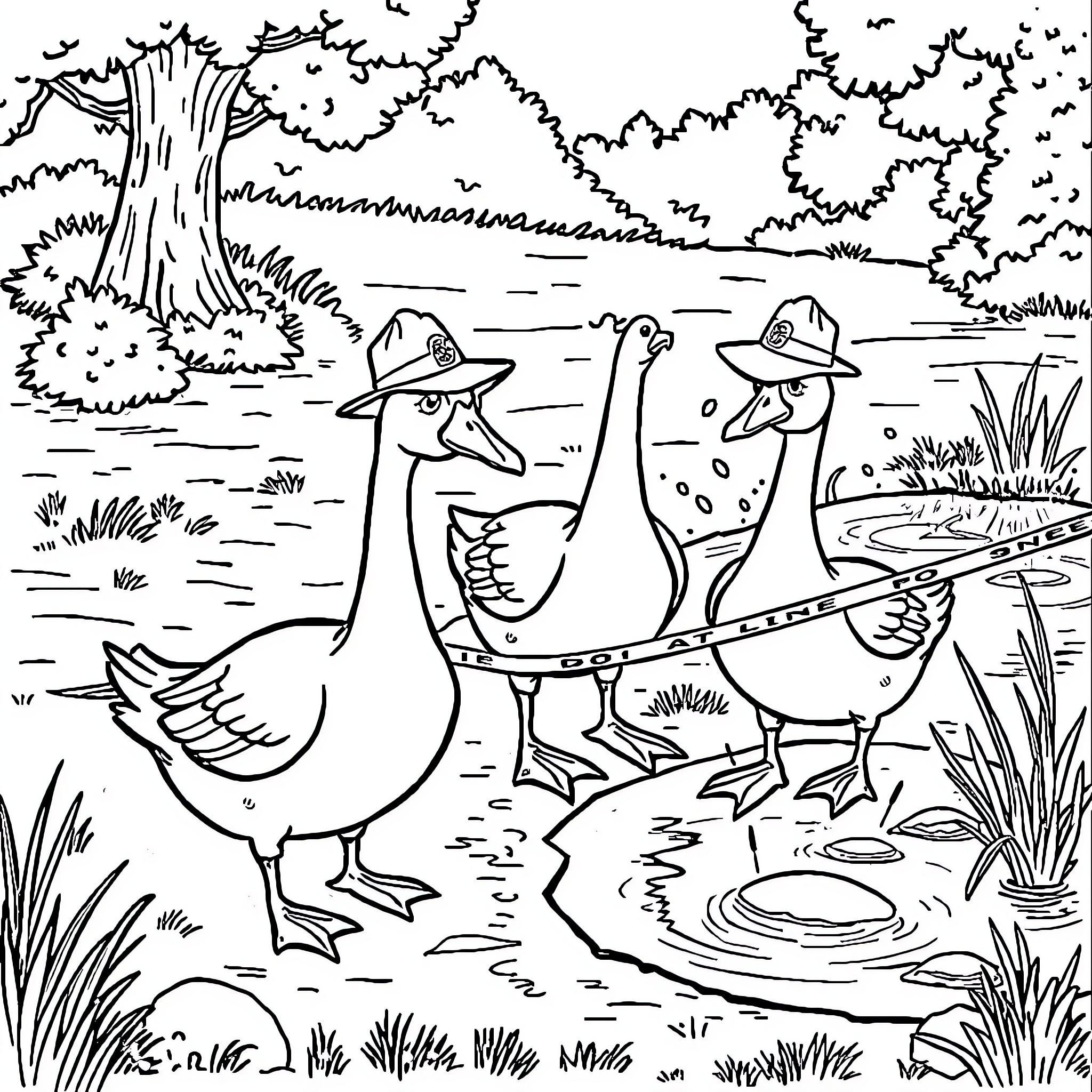 Goose friends exploring the pond Coloring Page (free black-and-white line drawing printable PDF for all, from beginners to advanced learners, including children, teens, adults, and seniors)