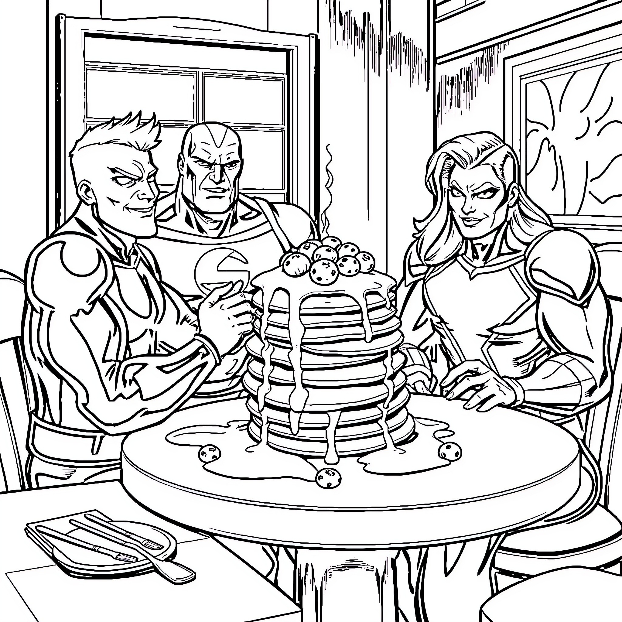 Fantastic Four Enjoy a Superhero Breakfast Feast Coloring Page (free black-and-white line drawing printable PDF for all, from beginners to advanced learners, including children, teens, adults, and seniors)