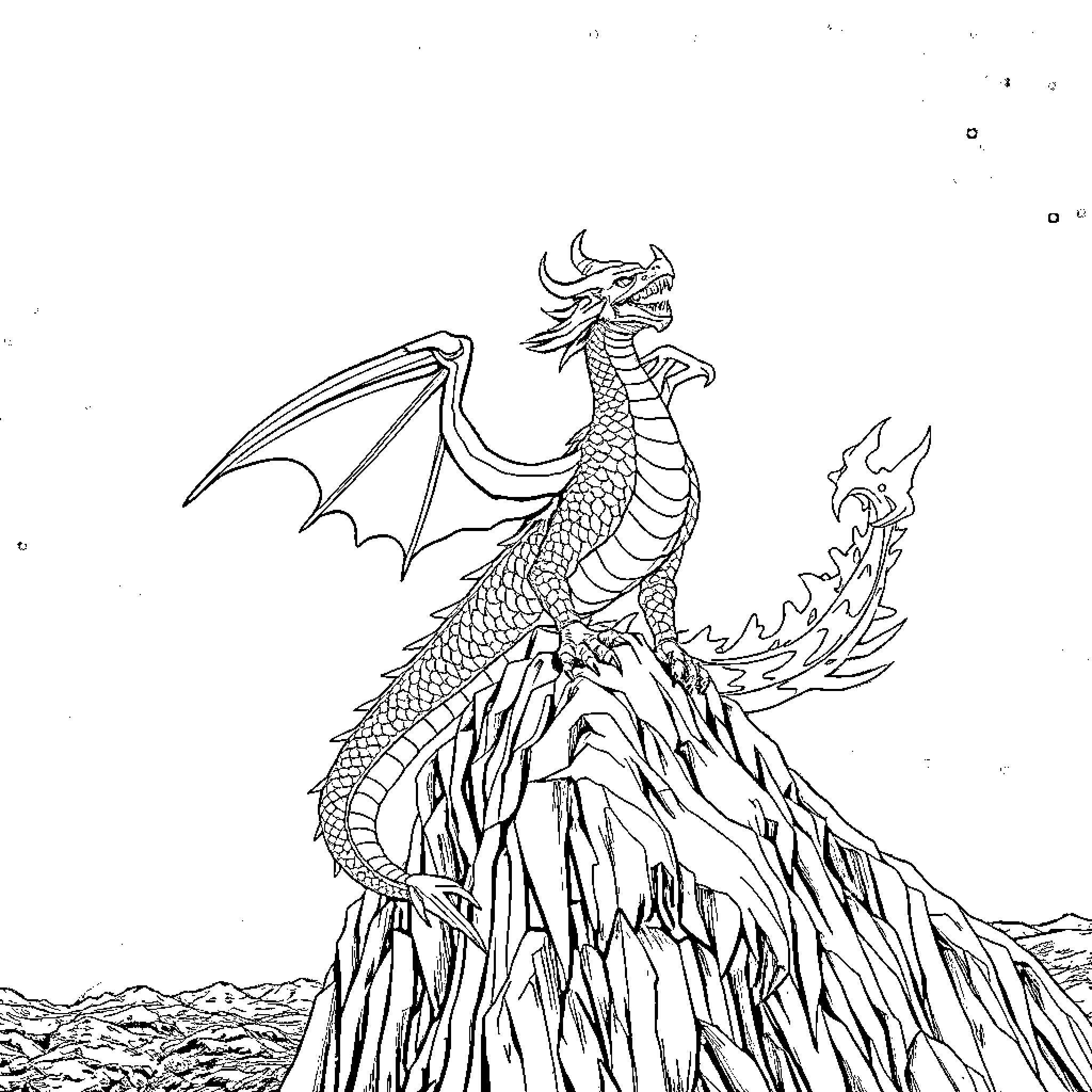 Dragon soaring over rugged terrain Coloring Page (free black-and-white line drawing printable PDF for all, from beginners to advanced learners, including children, teens, adults, and seniors)