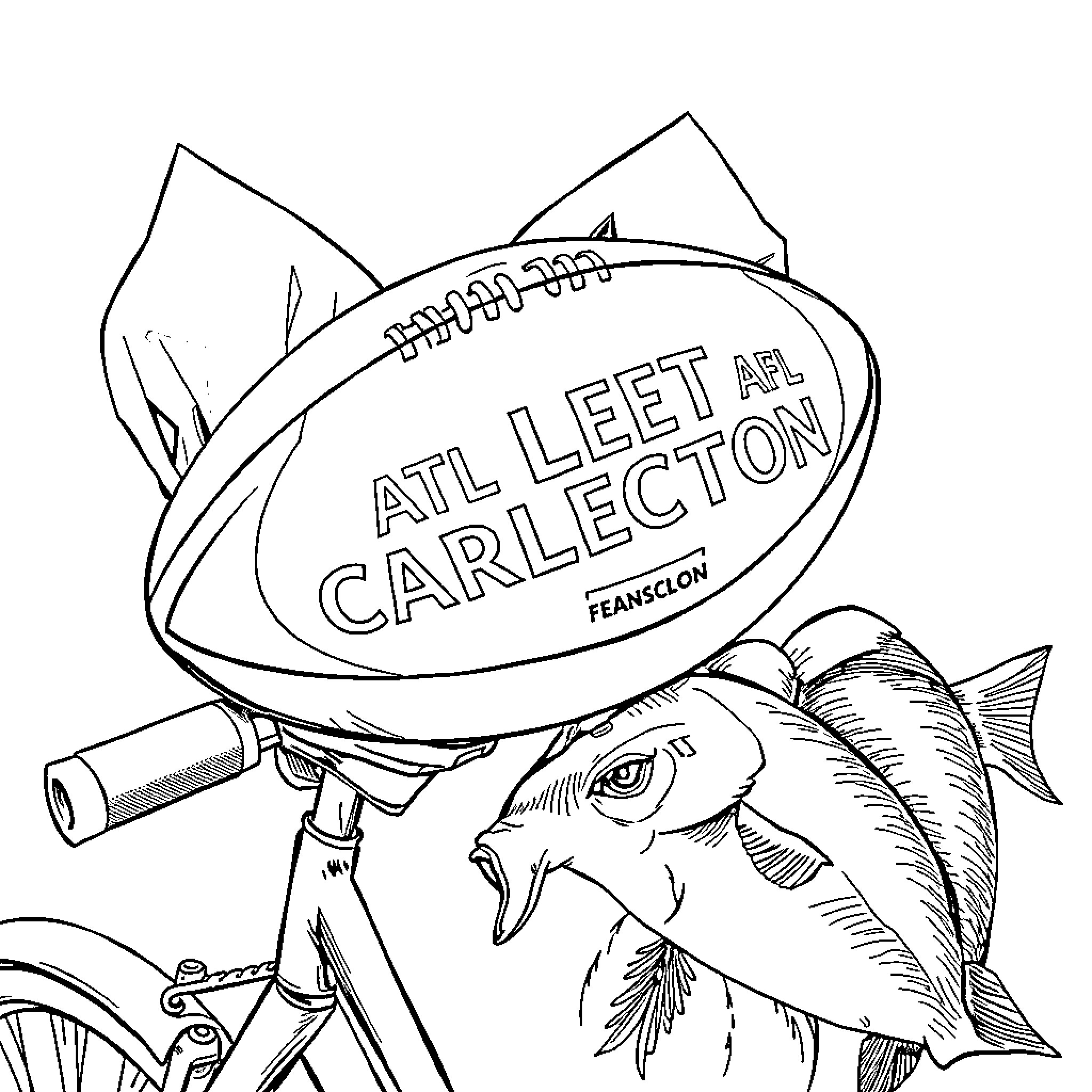 Bicycle and Football with Cartoon Fish Coloring Page (free black-and-white line drawing printable PDF for all, from beginners to advanced learners, including children, teens, adults, and seniors)