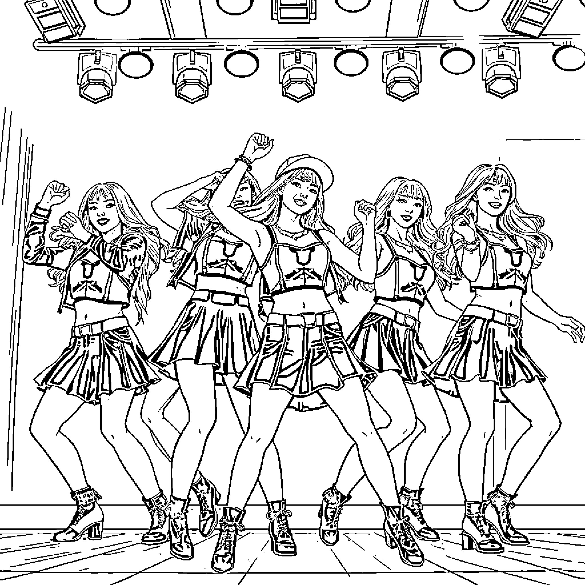 Guerreras performing with bold expressions and energetic outfits Coloring Page (free black-and-white line drawing printable PDF for all, from beginners to advanced learners, including children, teens, adults, and seniors)