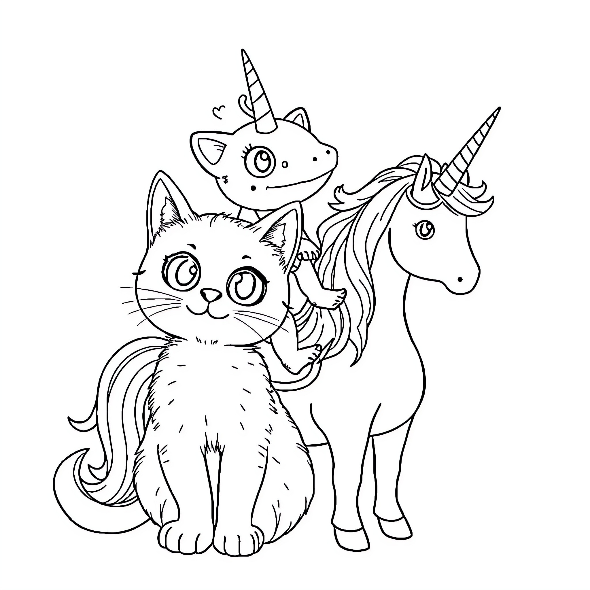 Cat and Unicorn Companions Coloring Page (free black-and-white line drawing printable PDF for all, from beginners to advanced learners, including children, teens, adults, and seniors)