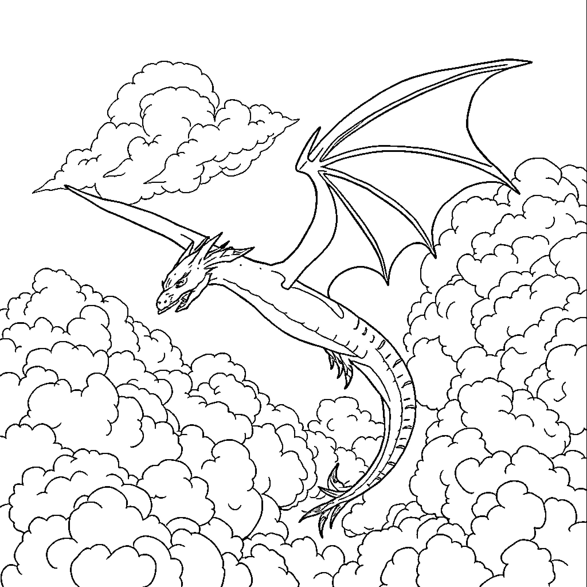 Dragon soaring through cloudy skies Coloring Page (free black-and-white line drawing printable PDF for all, from beginners to advanced learners, including children, teens, adults, and seniors)