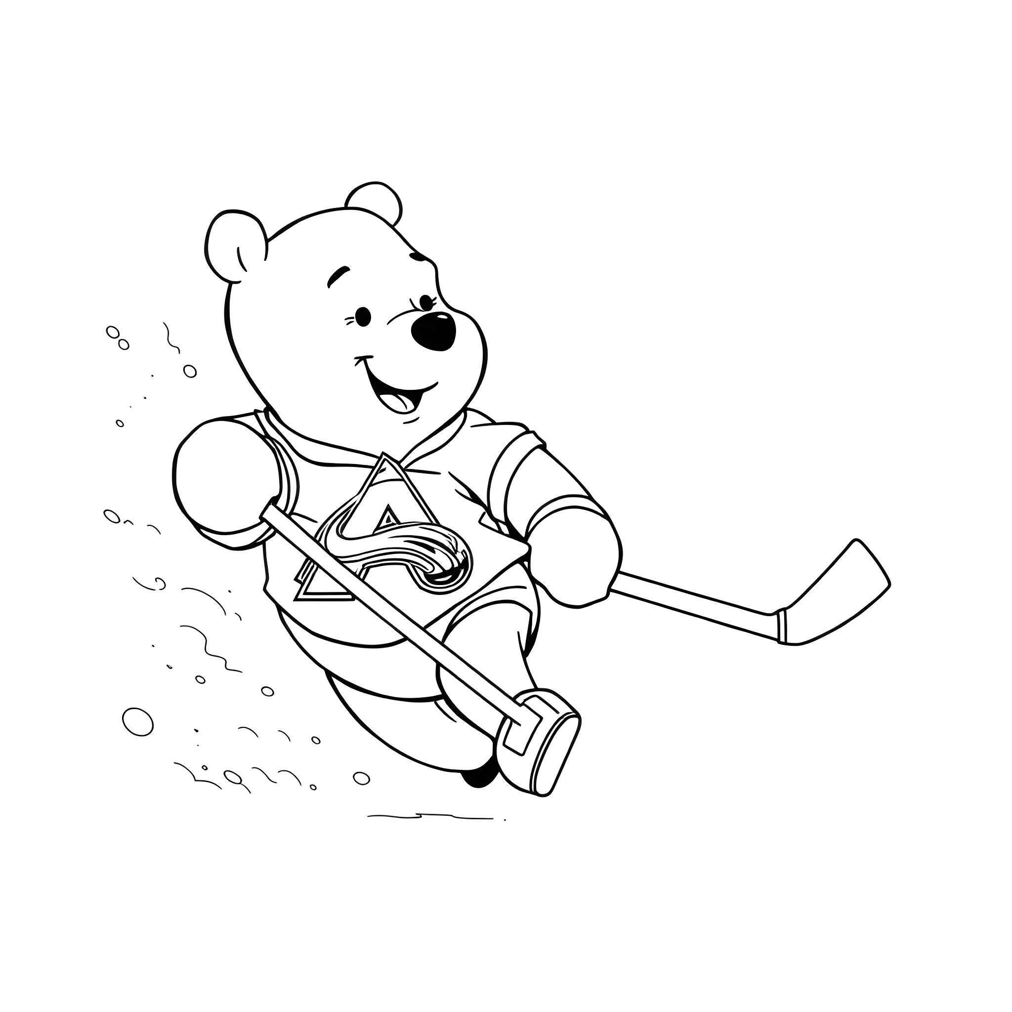 Pooh Bear enjoying winter sports on the ice Coloring Page (free black-and-white line drawing printable PDF for all, from beginners to advanced learners, including children, teens, adults, and seniors)