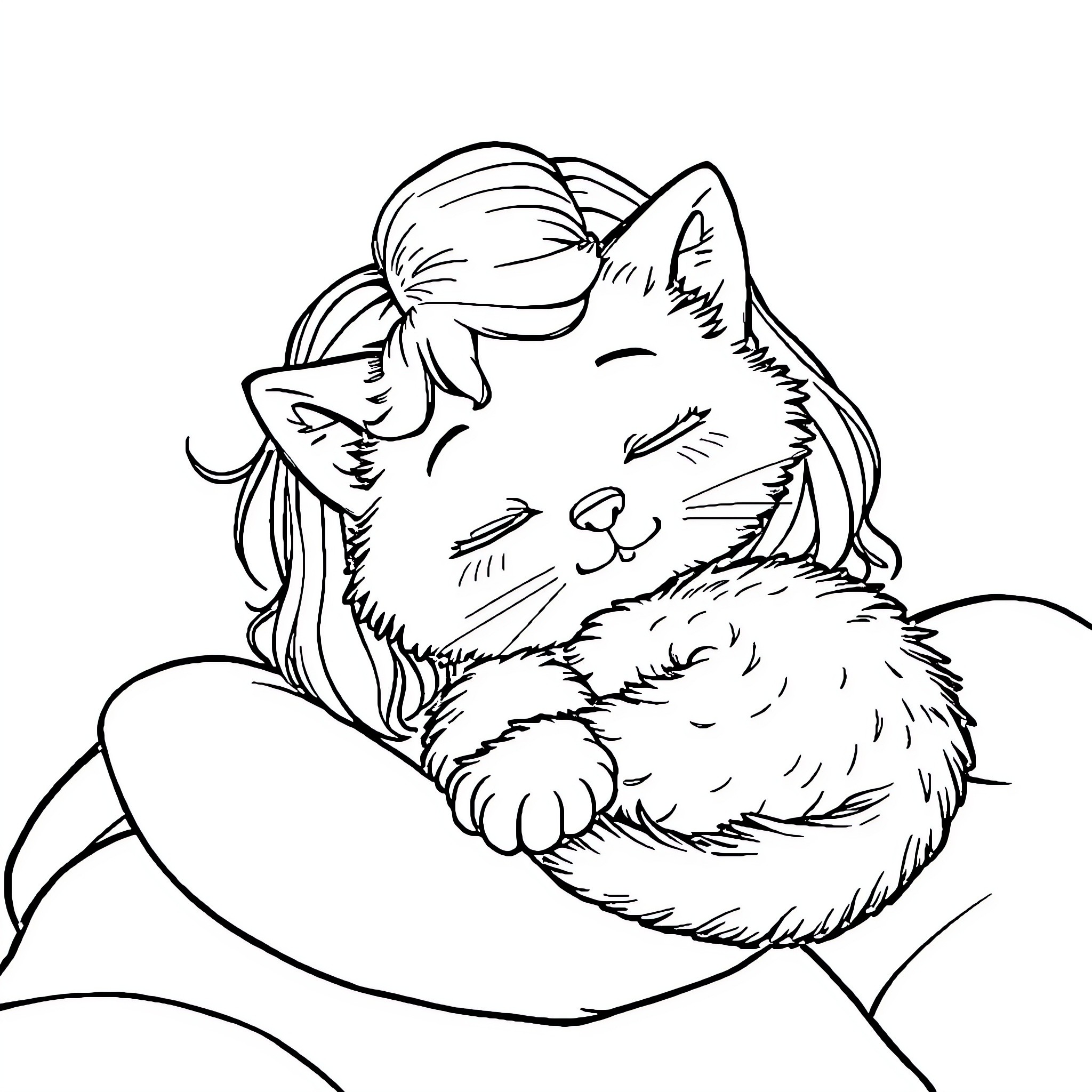 Kitty snuggling up to a young girl Coloring Page (free black-and-white line drawing printable PDF for all, from beginners to advanced learners, including children, teens, adults, and seniors)