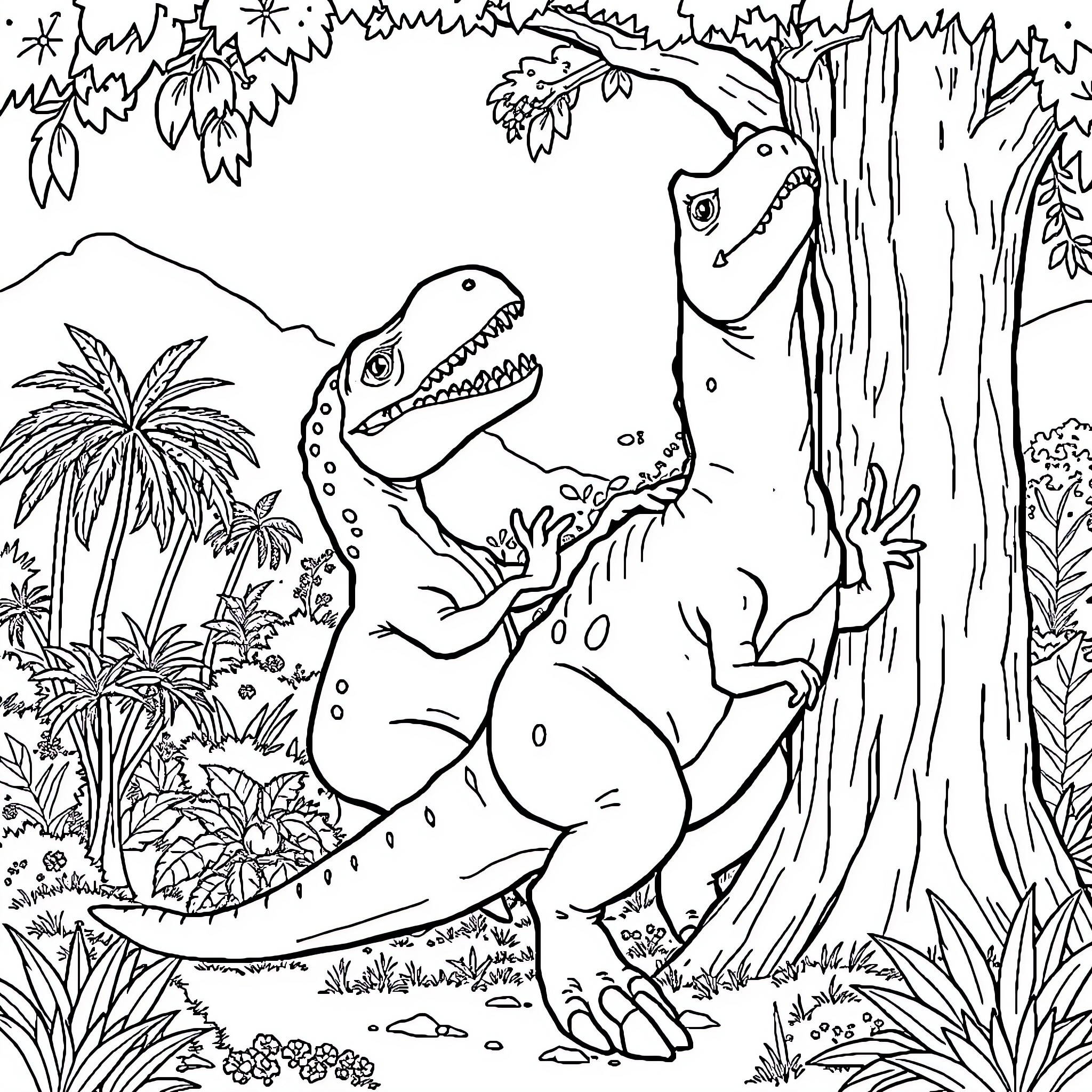 Dinosaurs exploring lush prehistoric landscape Coloring Page (free black-and-white line drawing printable PDF for all, from beginners to advanced learners, including children, teens, adults, and seniors)