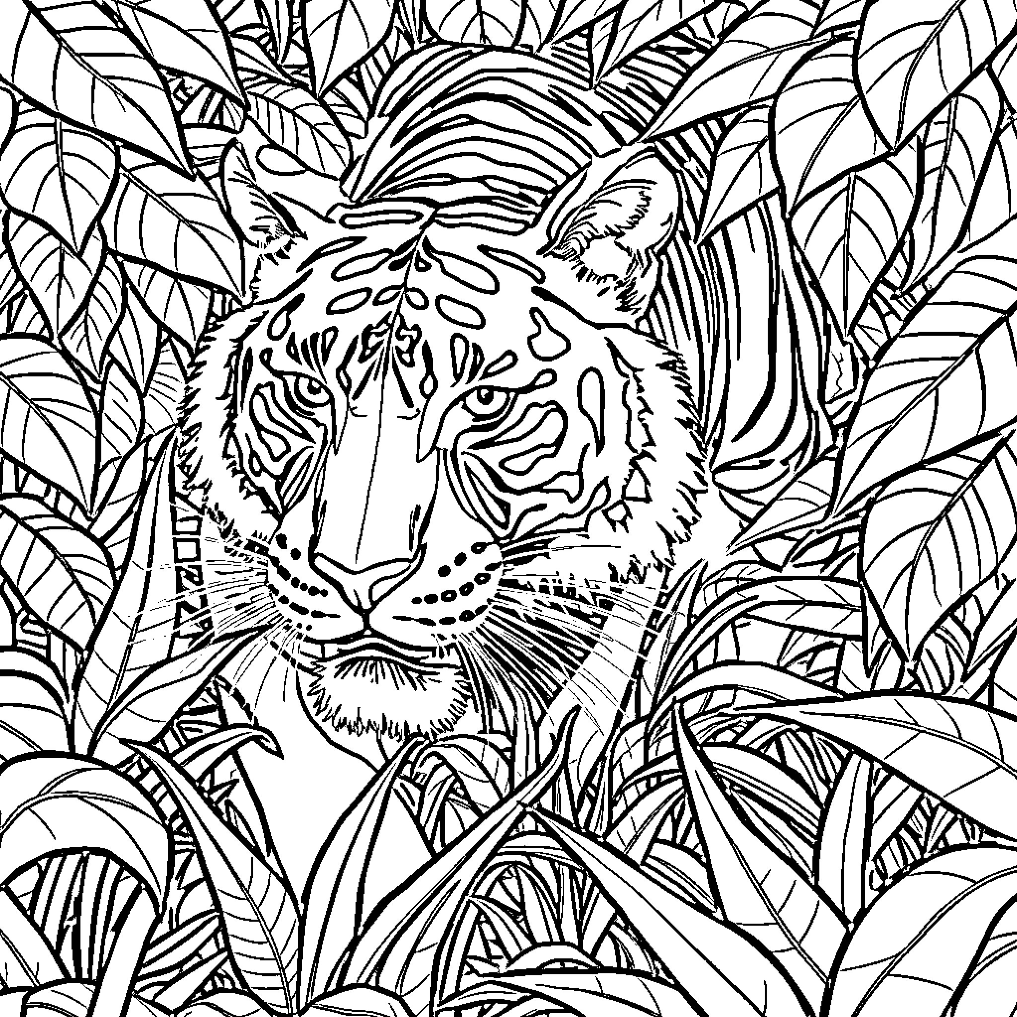 Tiger in Tropical Jungle Foliage Coloring Page (free black-and-white line drawing printable PDF for all, from beginners to advanced learners, including children, teens, adults, and seniors)