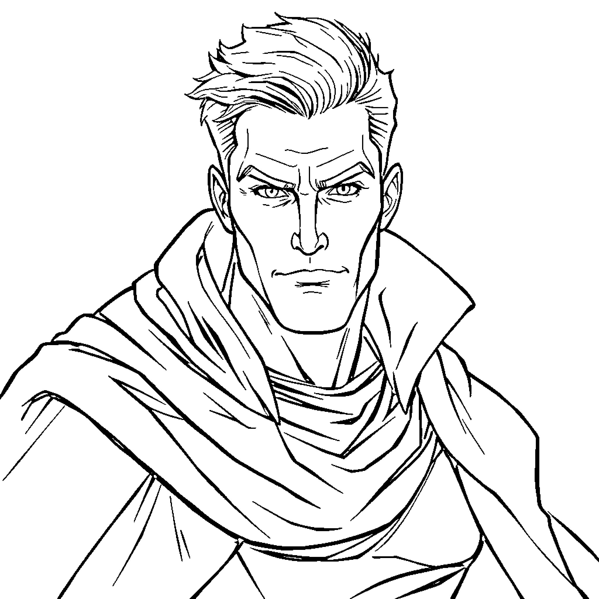 Hero in Heroic Stance with Dramatic Cloak Coloring Page (free black-and-white line drawing printable PDF for all, from beginners to advanced learners, including children, teens, adults, and seniors)