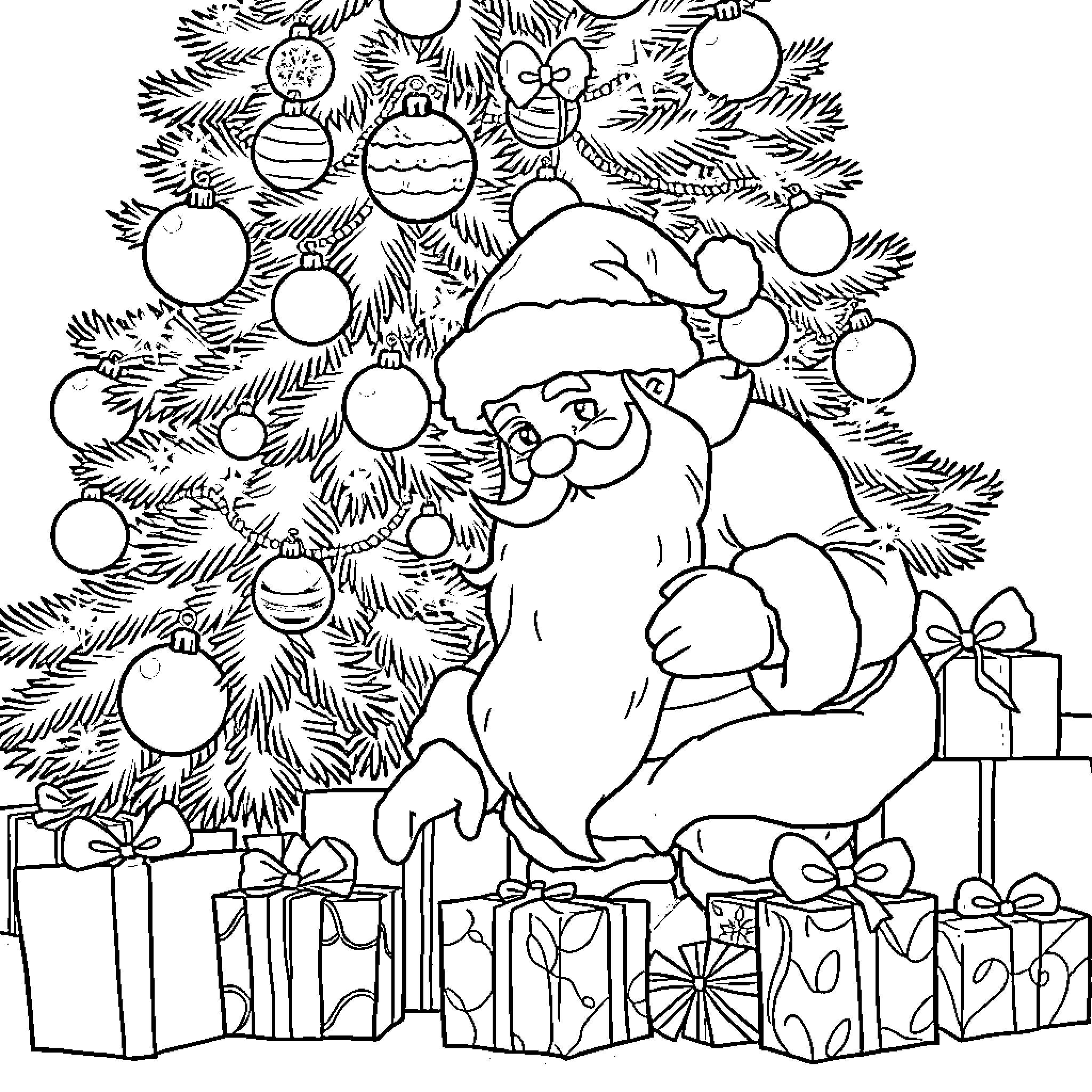 Santa decorating festive Christmas tree with gifts Coloring Page (free black-and-white line drawing printable PDF for all, from beginners to advanced learners, including children, teens, adults, and seniors)
