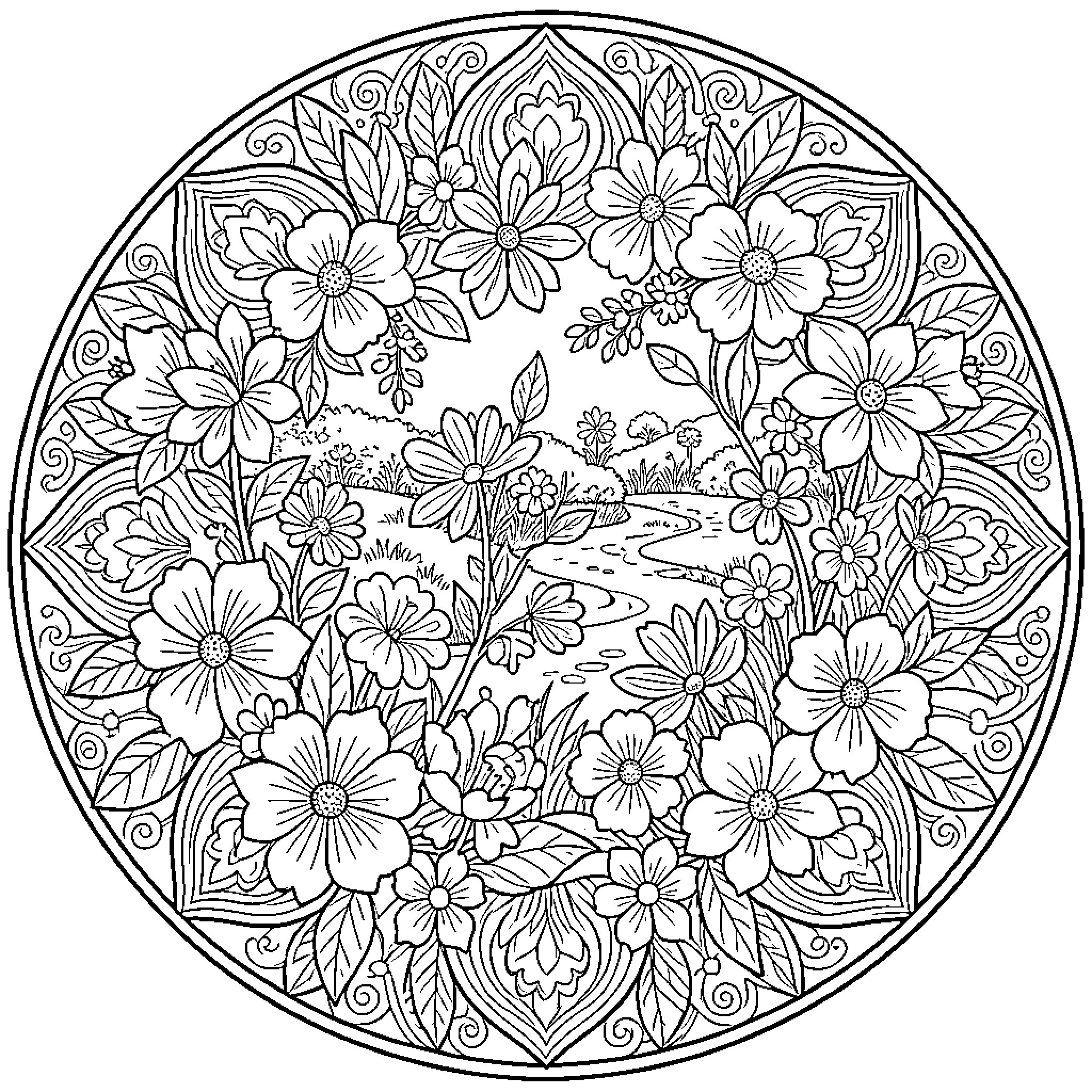 Mandala of Intricate Floral Patterns and Landscapes Coloring Page (free black-and-white line drawing printable PDF for all, from beginners to advanced learners, including children, teens, adults, and seniors)
