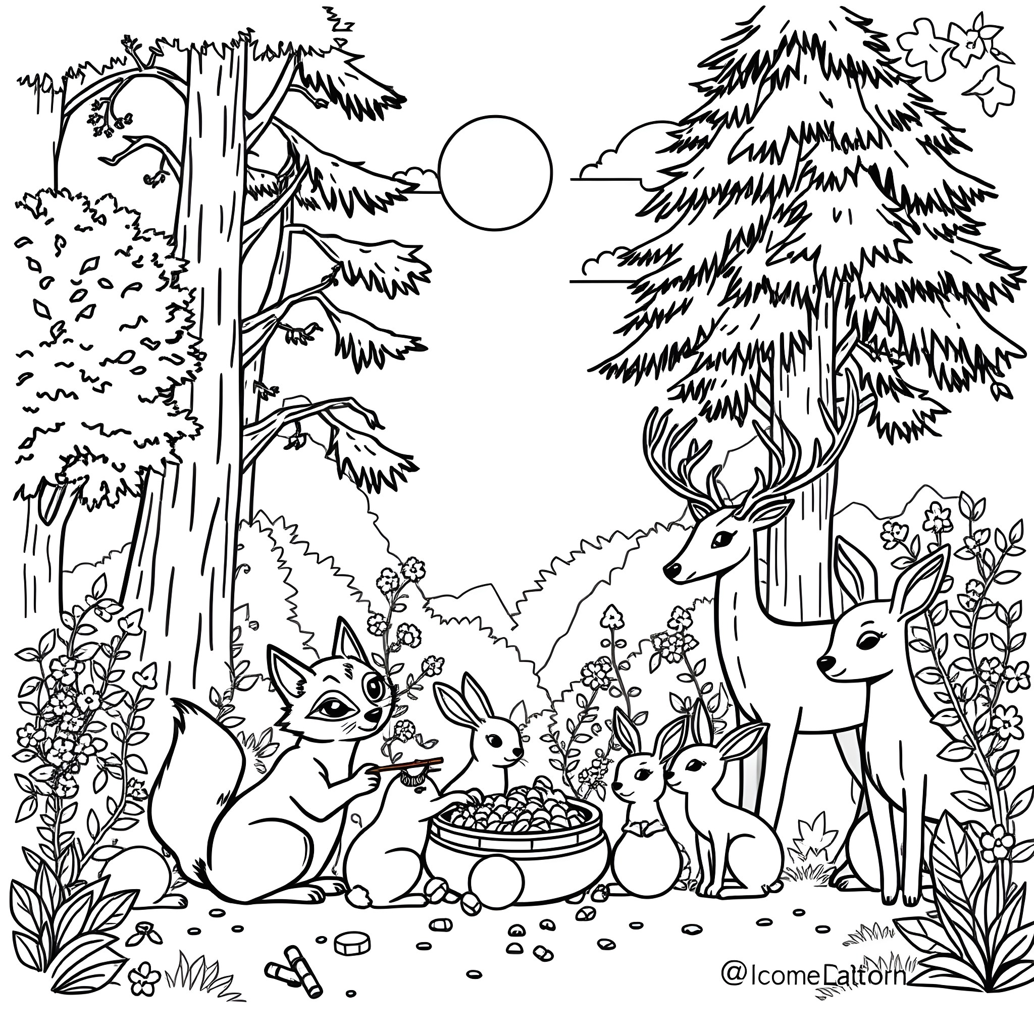 Creature in a lush forest with wildlife Coloring Page (free black-and-white line drawing printable PDF for all, from beginners to advanced learners, including children, teens, adults, and seniors)