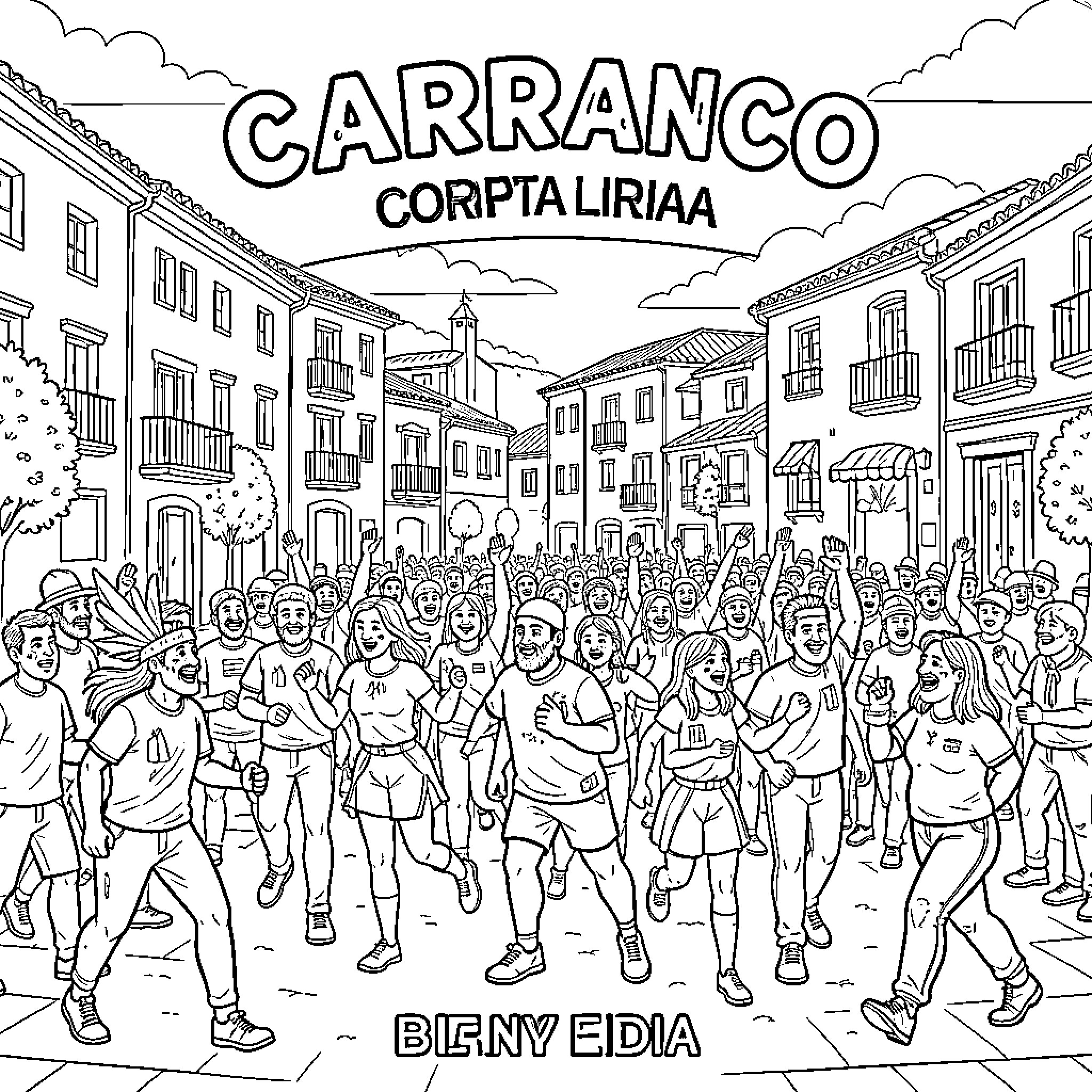 Carranco crowd of people celebrating in a town street Coloring Page (free black-and-white line drawing printable PDF for all, from beginners to advanced learners, including children, teens, adults, and seniors)