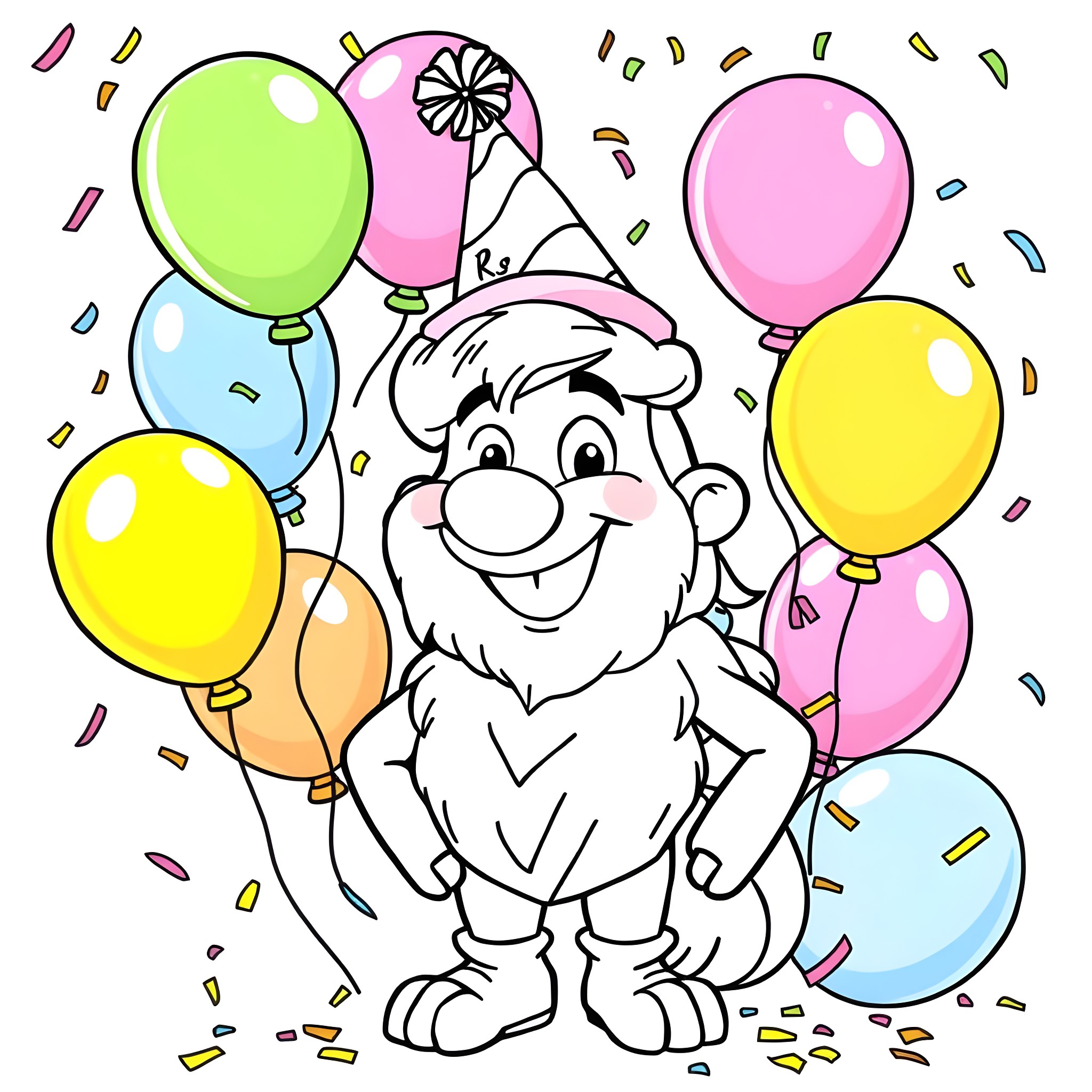 Party Hat Gnome Celebrating with Colorful Balloons Coloring Page (free black-and-white line drawing printable PDF for all, from beginners to advanced learners, including children, teens, adults, and seniors)