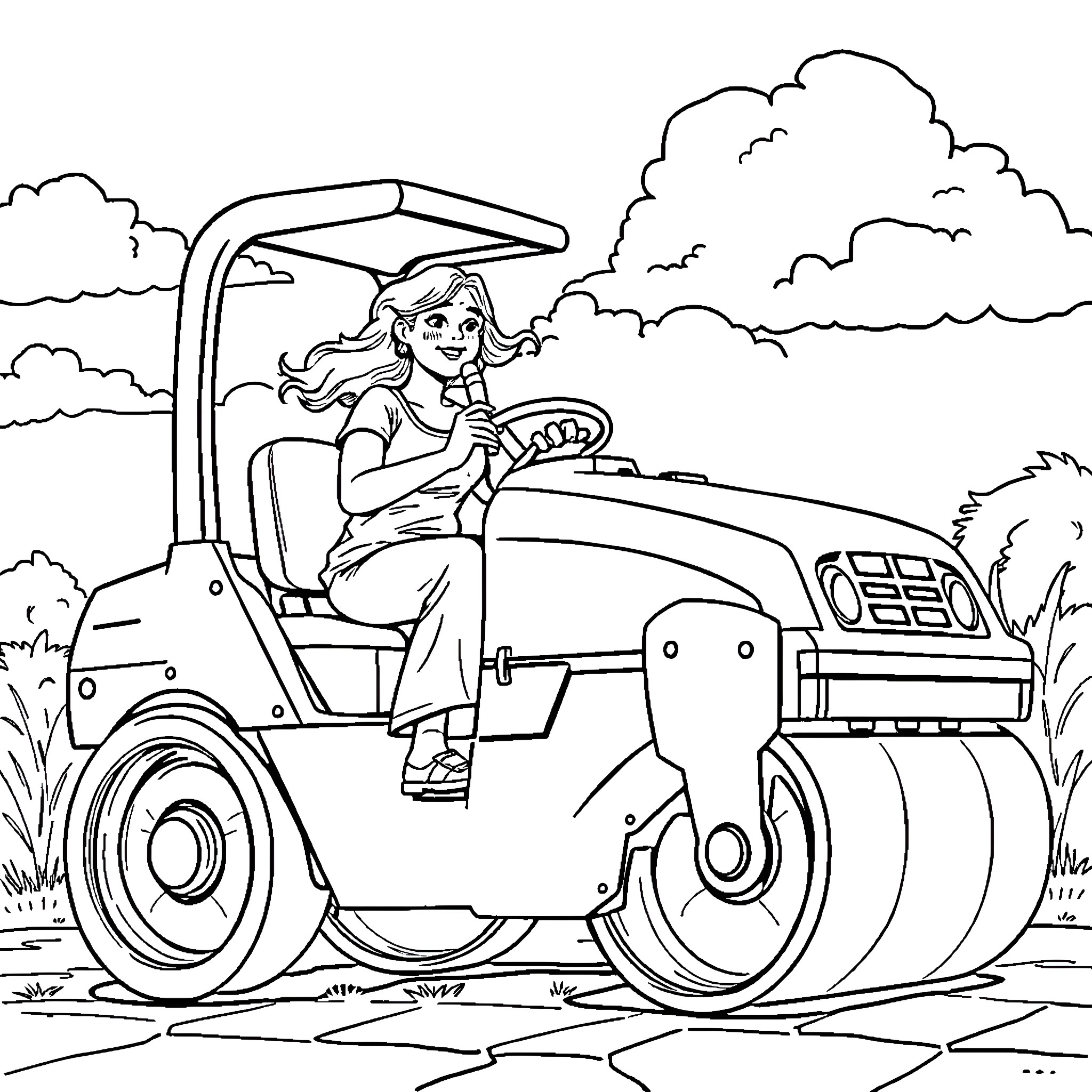 Lady operating heavy machinery in outdoor setting Coloring Page (free black-and-white line drawing printable PDF for all, from beginners to advanced learners, including children, teens, adults, and seniors)