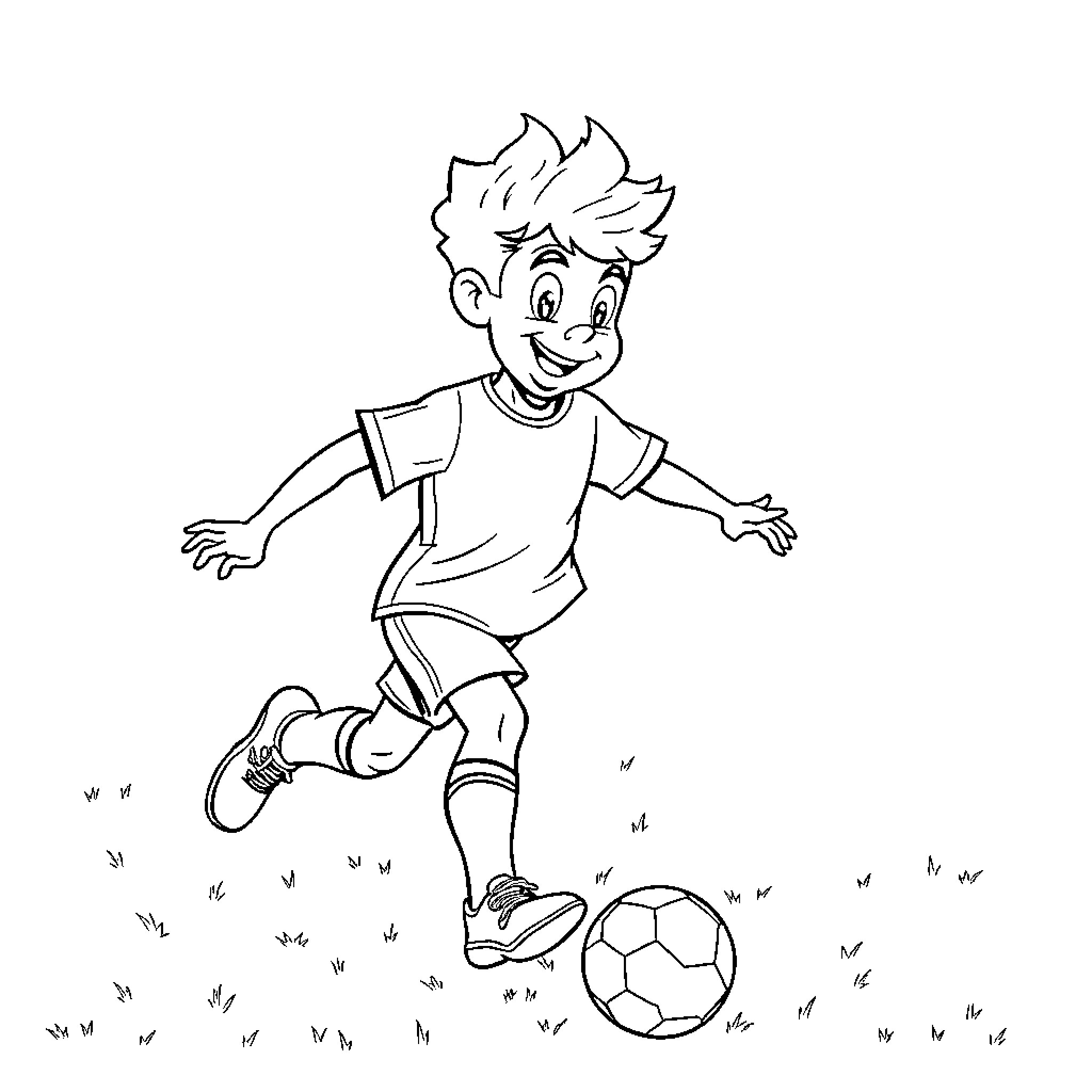 Futziballer enthusiastically kicking a soccer ball Coloring Page (free black-and-white line drawing printable PDF for all, from beginners to advanced learners, including children, teens, adults, and seniors)
