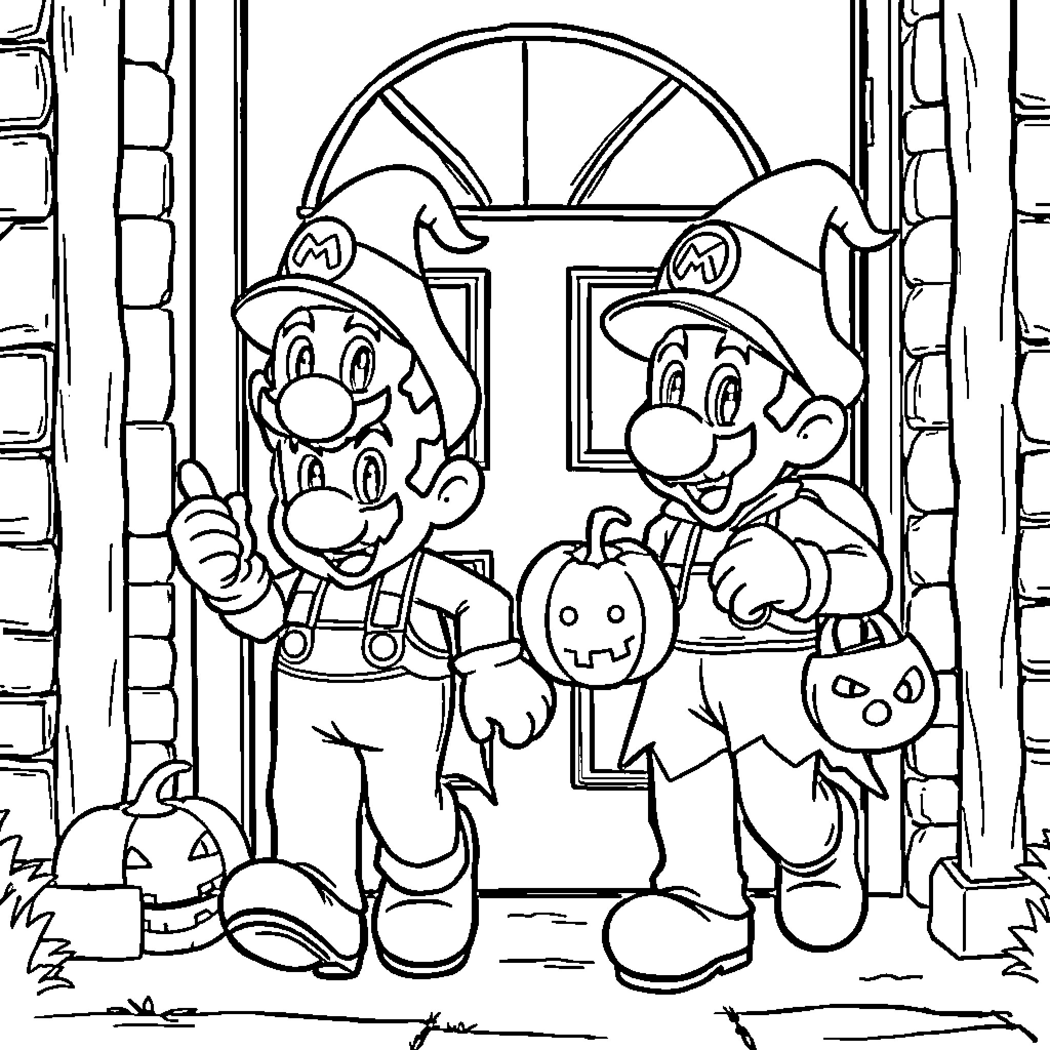 Mario and Luigi Going Trick-or-Treating Coloring Page (free black-and-white line drawing printable PDF for all, from beginners to advanced learners, including children, teens, adults, and seniors)