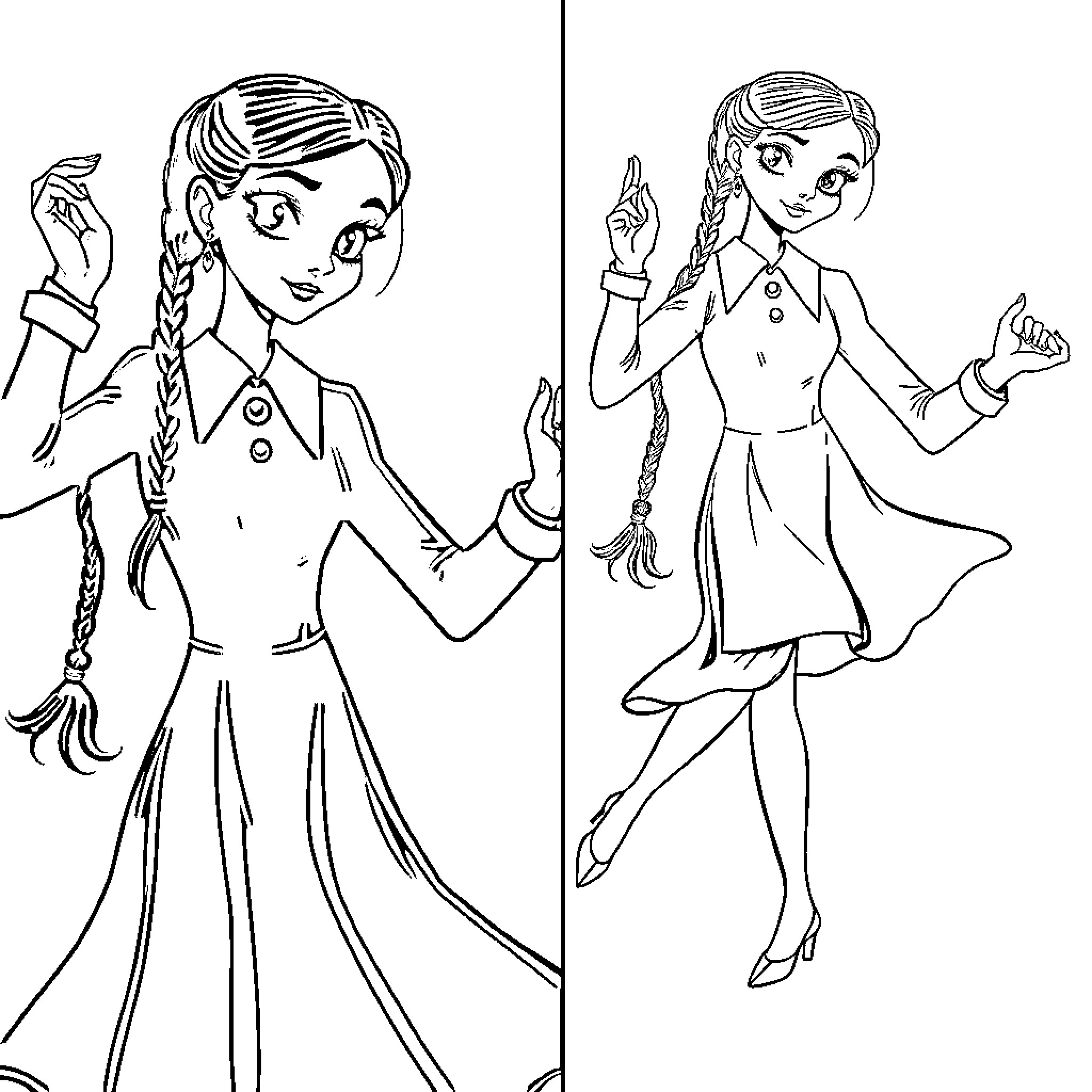 Wednesday Addams in whimsical poses and outfits Coloring Page (free black-and-white line drawing printable PDF for all, from beginners to advanced learners, including children, teens, adults, and seniors)