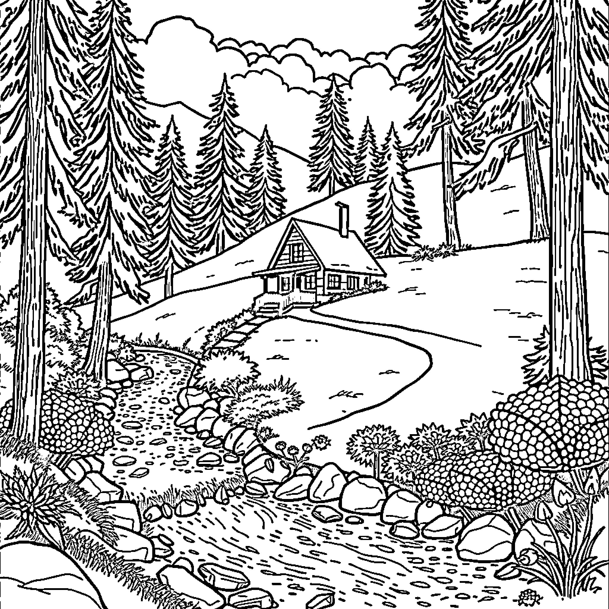 House in a Scenic Woodland Landscape Coloring Page (free black-and-white line drawing printable PDF for all, from beginners to advanced learners, including children, teens, adults, and seniors)