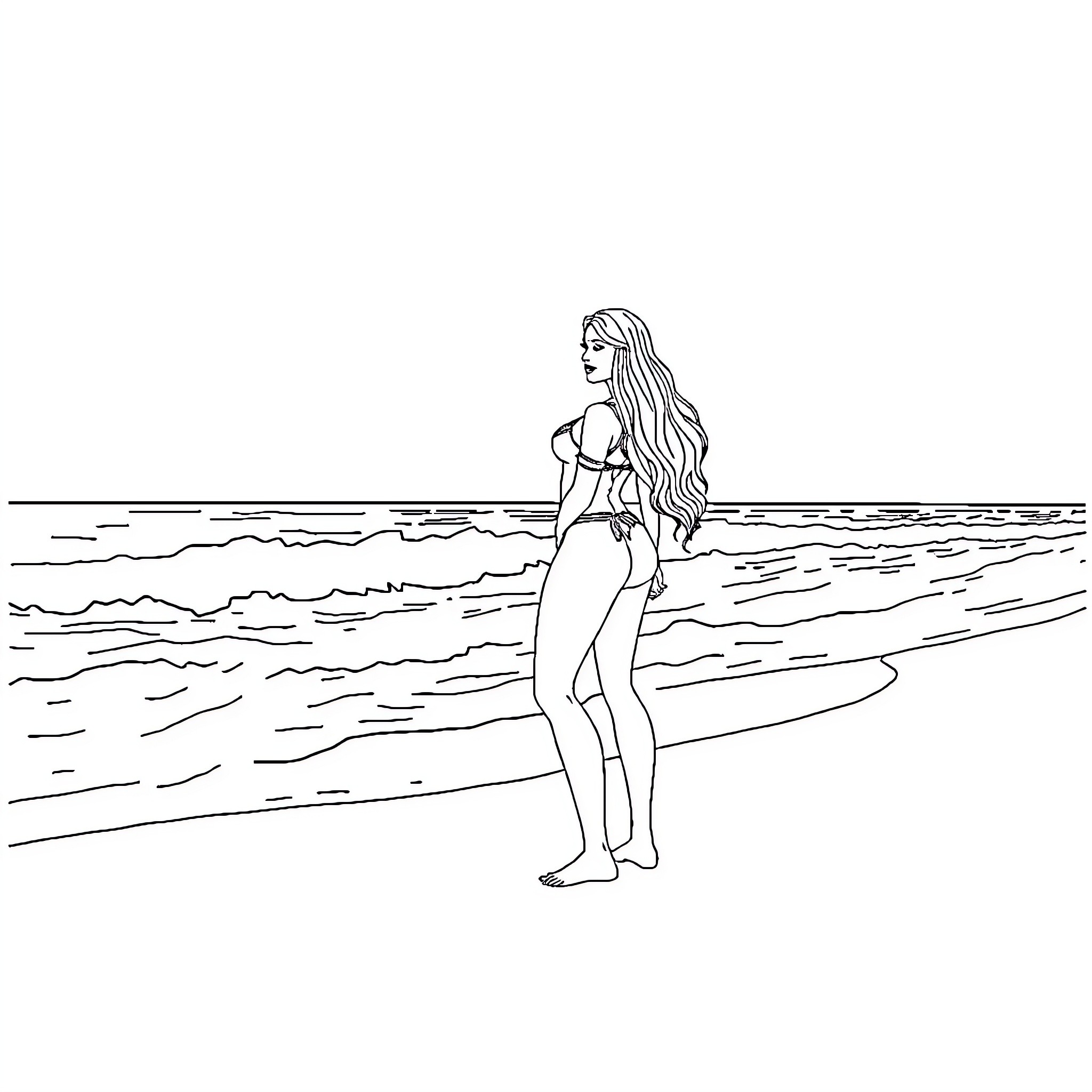 Vaiana enjoying the waves on the beach Coloring Page (free black-and-white line drawing printable PDF for all, from beginners to advanced learners, including children, teens, adults, and seniors)
