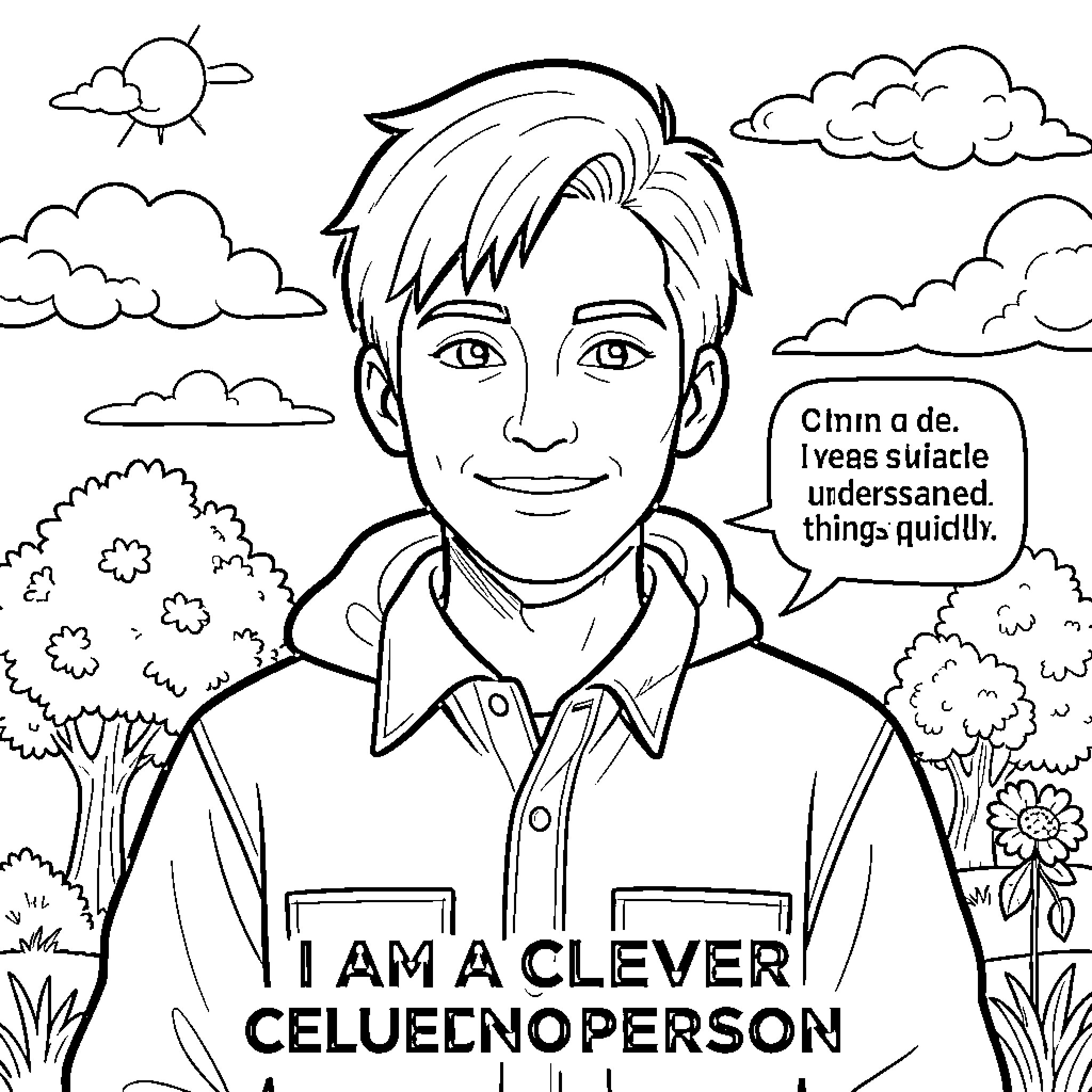 Smart Clever Person Enjoying Nature's Tranquility Coloring Page (free black-and-white line drawing printable PDF for all, from beginners to advanced learners, including children, teens, adults, and seniors)