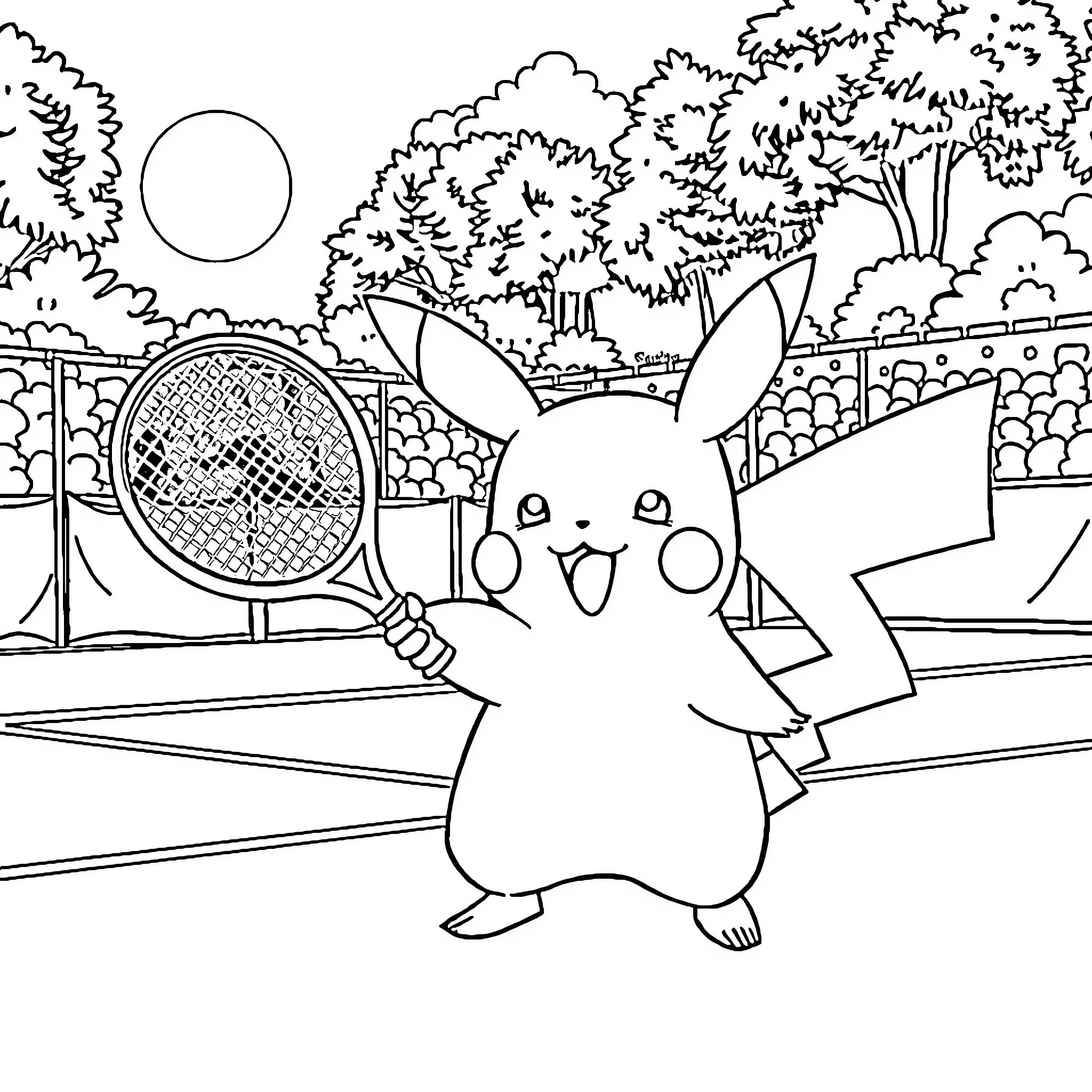 Pikachu Playing Tennis in the Park Coloring Page (free black-and-white line drawing printable PDF for all, from beginners to advanced learners, including children, teens, adults, and seniors)