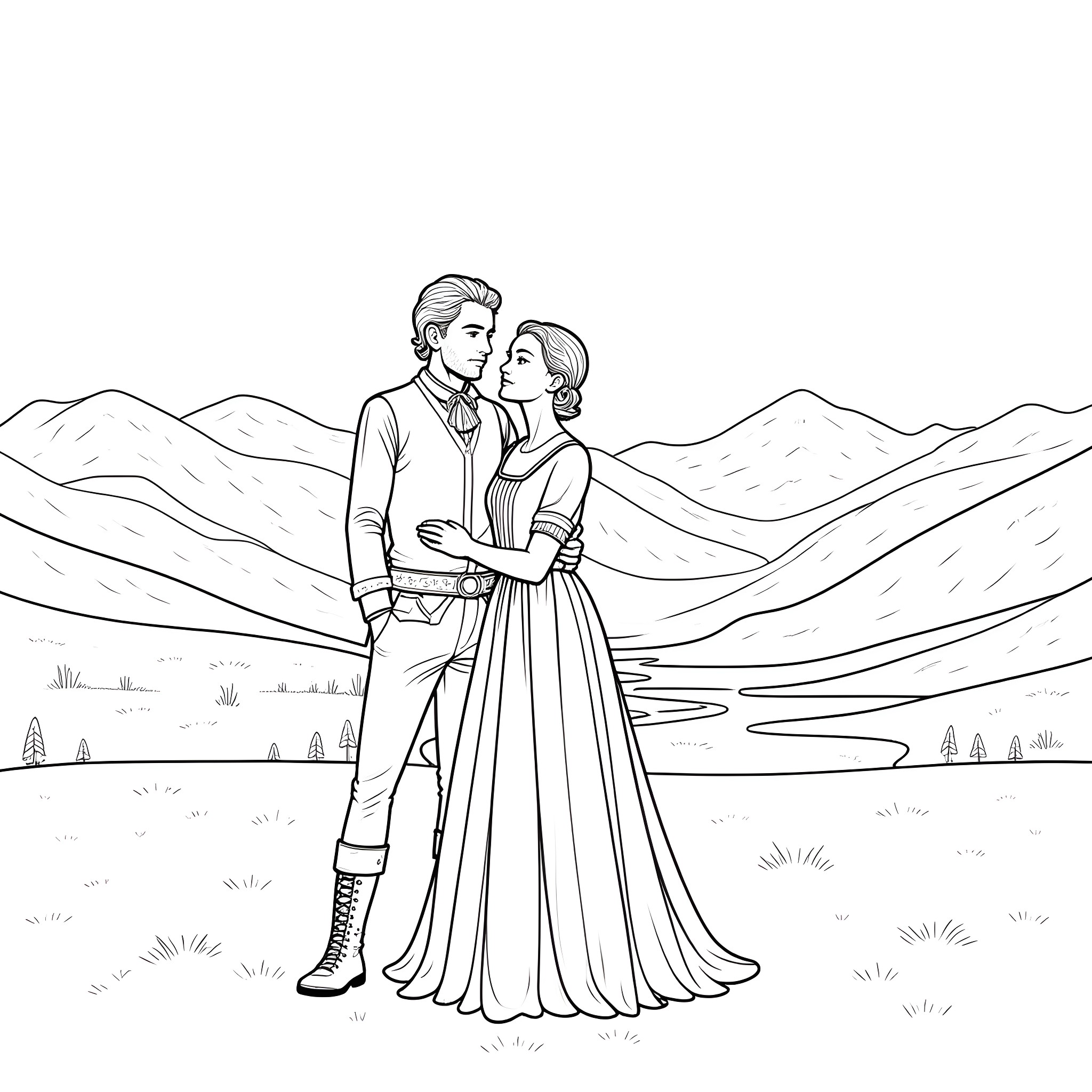 Jamie and Claire embrace in a picturesque mountain landscape Coloring Page (free black-and-white line drawing printable PDF for all, from beginners to advanced learners, including children, teens, adults, and seniors)