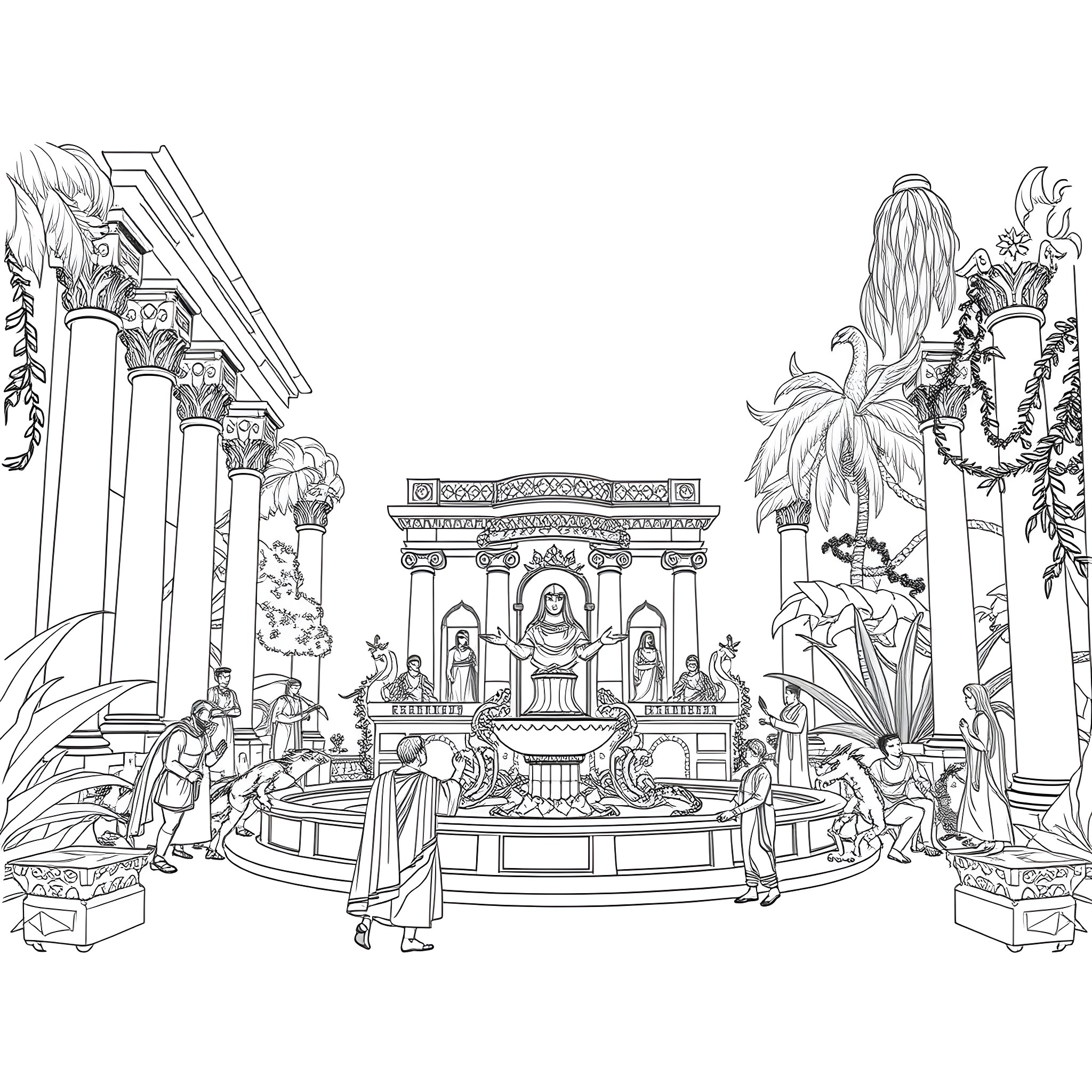 Fountain with people in a lush, ornate setting Coloring Page (free black-and-white line drawing printable PDF for all, from beginners to advanced learners, including children, teens, adults, and seniors)