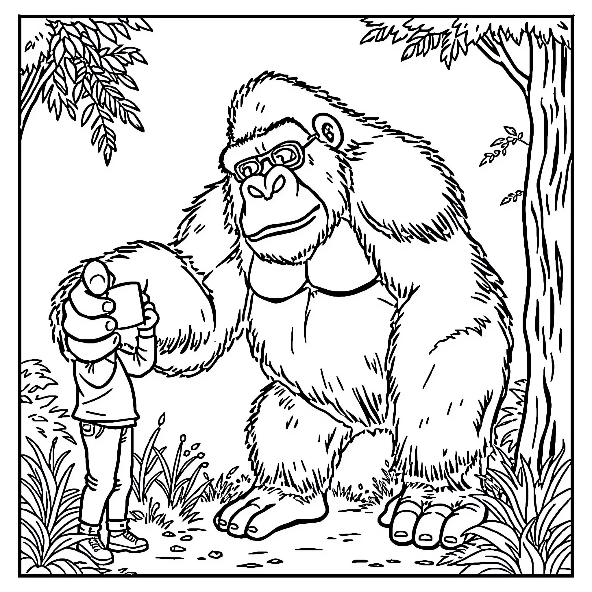 Gorilla in the Wilderness Interacting with Human Coloring Page (free black-and-white line drawing printable PDF for all, from beginners to advanced learners, including children, teens, adults, and seniors)
