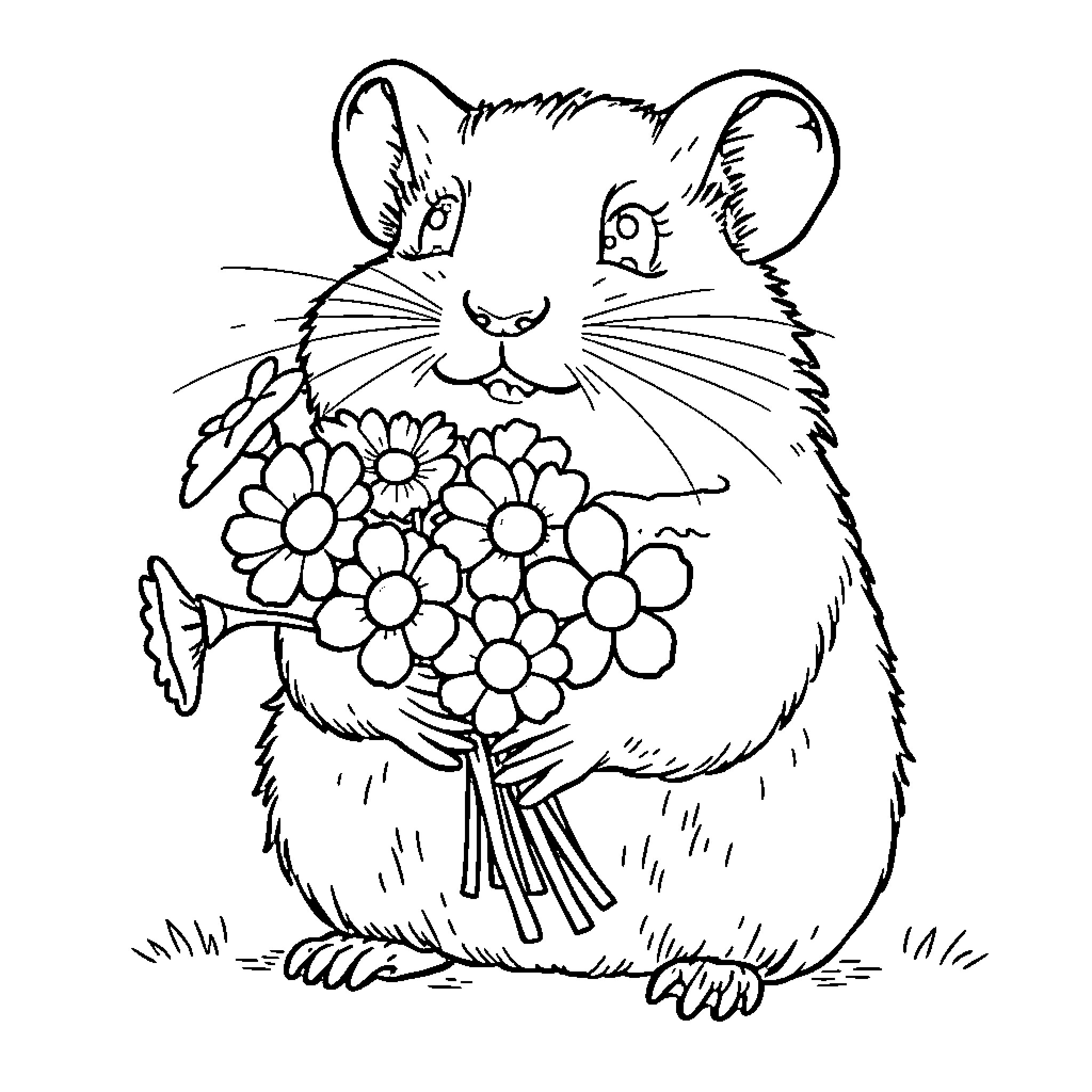 Hamster holding a bouquet of flowers Coloring Page (free black-and-white line drawing printable PDF for all, from beginners to advanced learners, including children, teens, adults, and seniors)