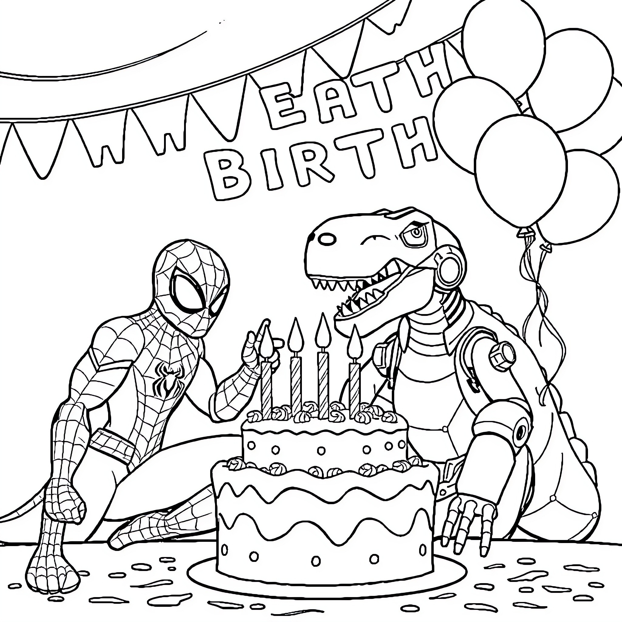 Spiderman and dinosaur celebrate birthday with cake and balloons Coloring Page (free black-and-white line drawing printable PDF for all, from beginners to advanced learners, including children, teens, adults, and seniors)