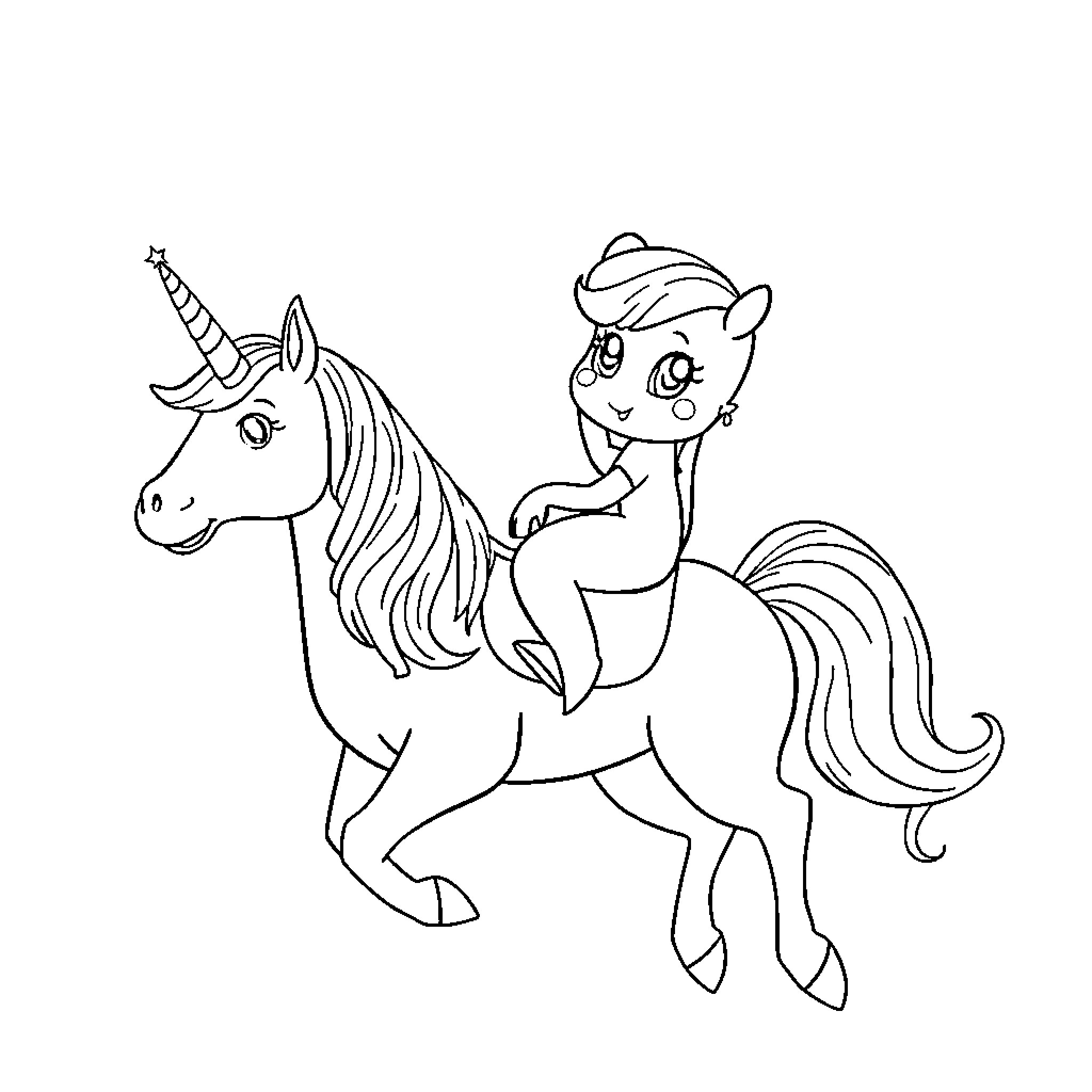 Bluey riding a magical unicorn Coloring Page (free black-and-white line drawing printable PDF for all, from beginners to advanced learners, including children, teens, adults, and seniors)