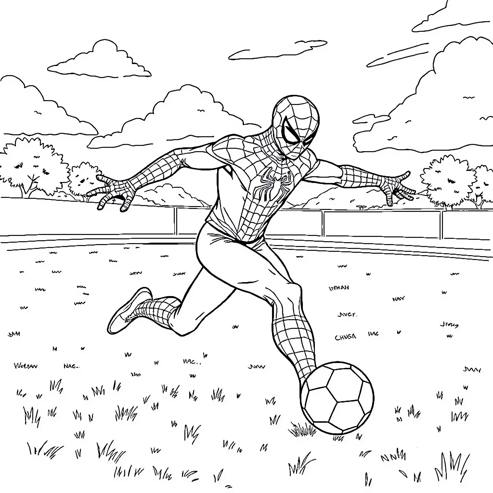 Spiderman kicking a soccer ball in a park Coloring Page (free black-and-white line drawing printable PDF for all, from beginners to advanced learners, including children, teens, adults, and seniors)