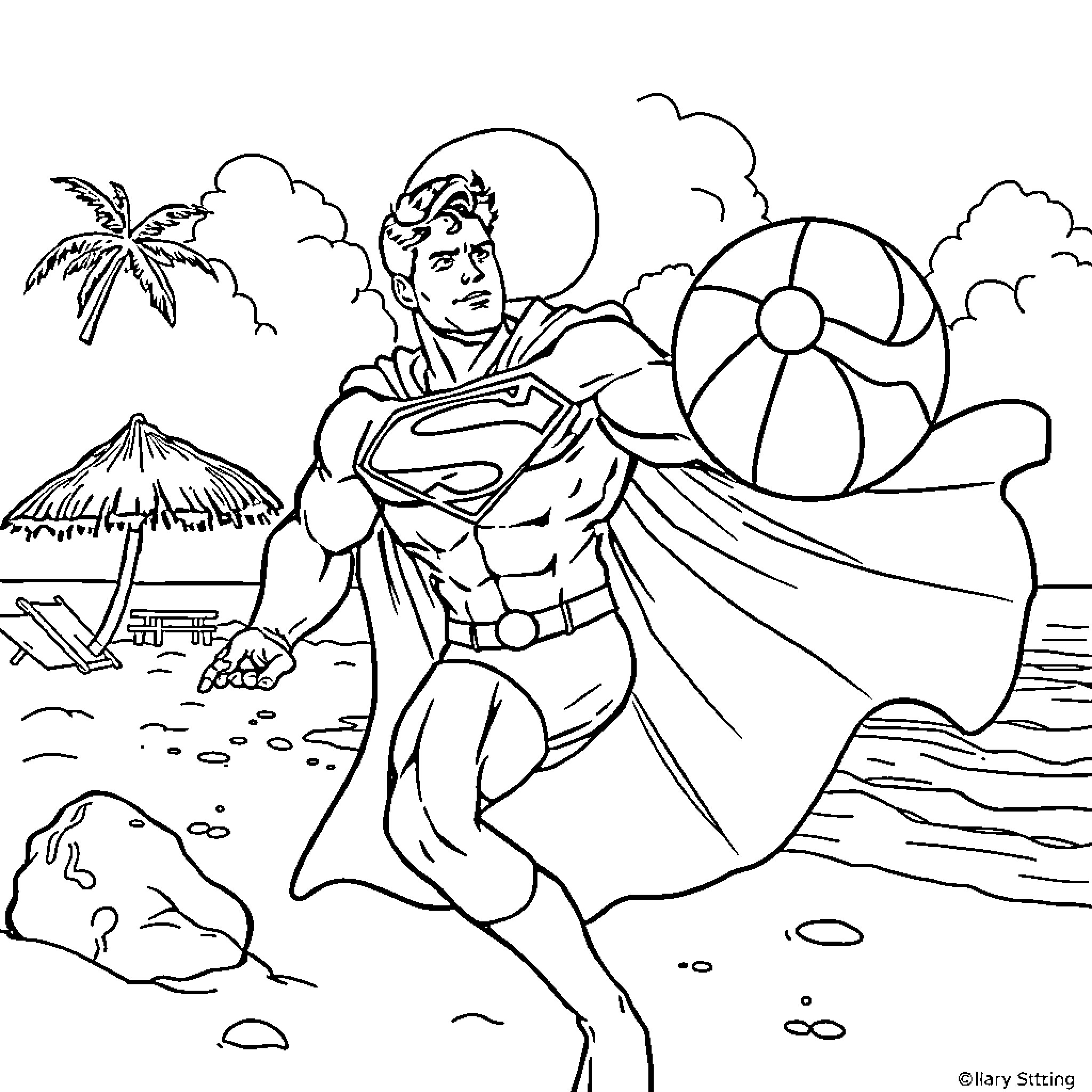 Superman heroically poses on the beach Coloring Page (free black-and-white line drawing printable PDF for all, from beginners to advanced learners, including children, teens, adults, and seniors)