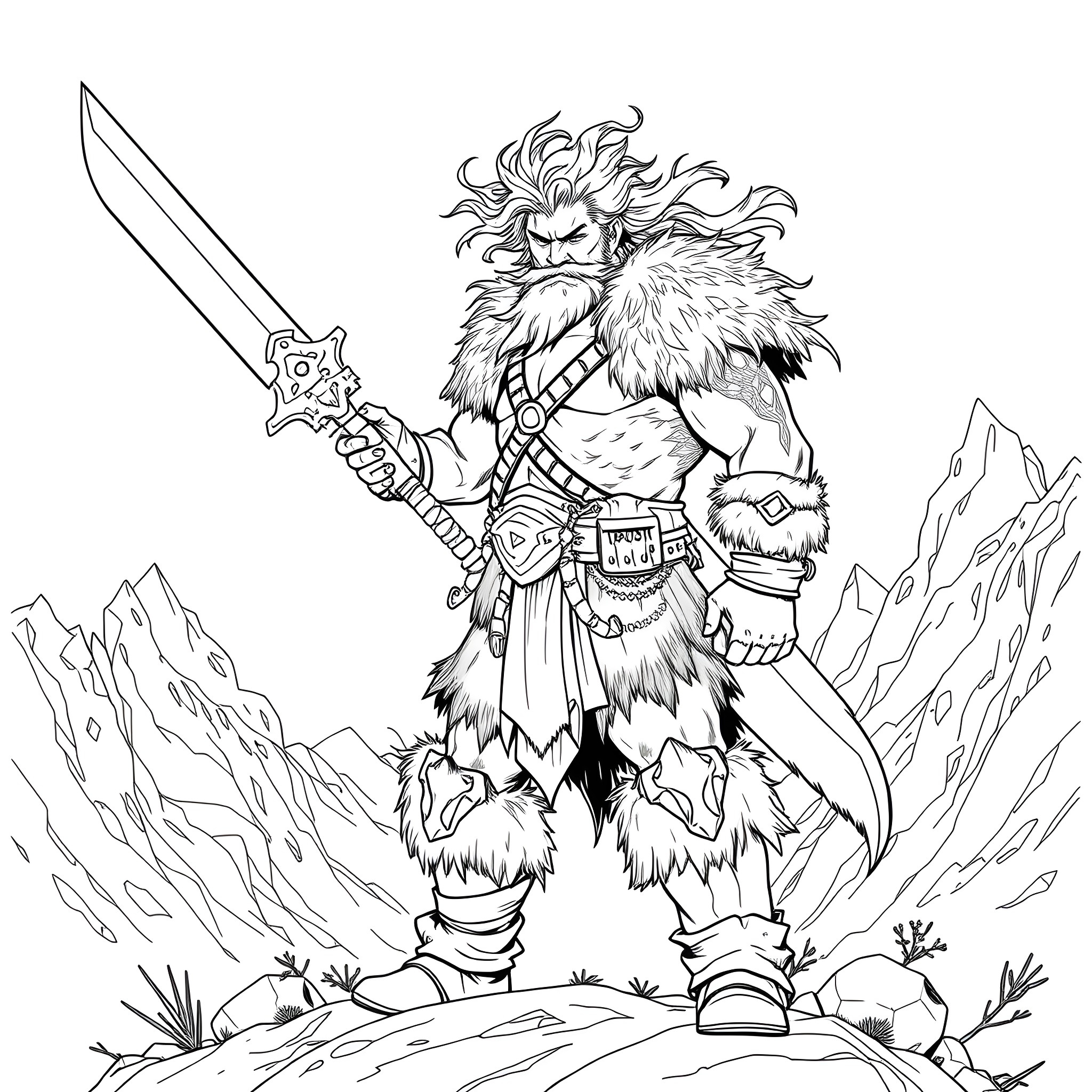 Barbarian Warrior Wielding Mighty Sword in Rugged Wilderness Coloring Page (free black-and-white line drawing printable PDF for all, from beginners to advanced learners, including children, teens, adults, and seniors)