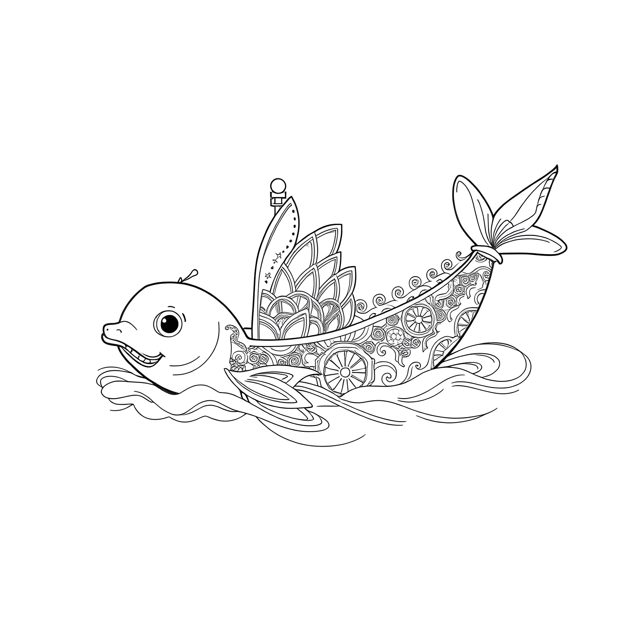 Mishipeshu swimming with mystical creatures Coloring Page (free black-and-white line drawing printable PDF for all, from beginners to advanced learners, including children, teens, adults, and seniors)