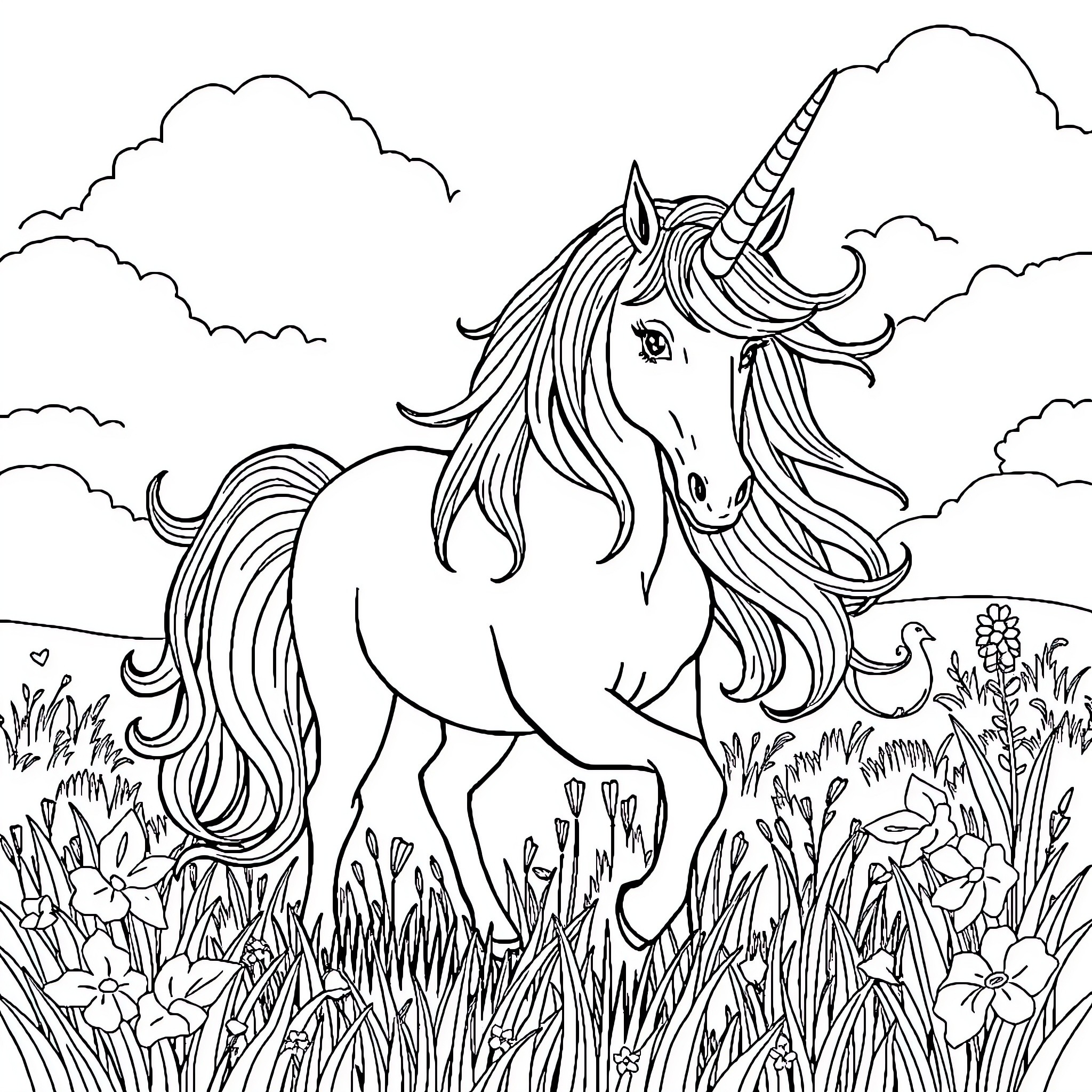 Unicorn standing in a magical meadow Coloring Page (free black-and-white line drawing printable PDF for all, from beginners to advanced learners, including children, teens, adults, and seniors)