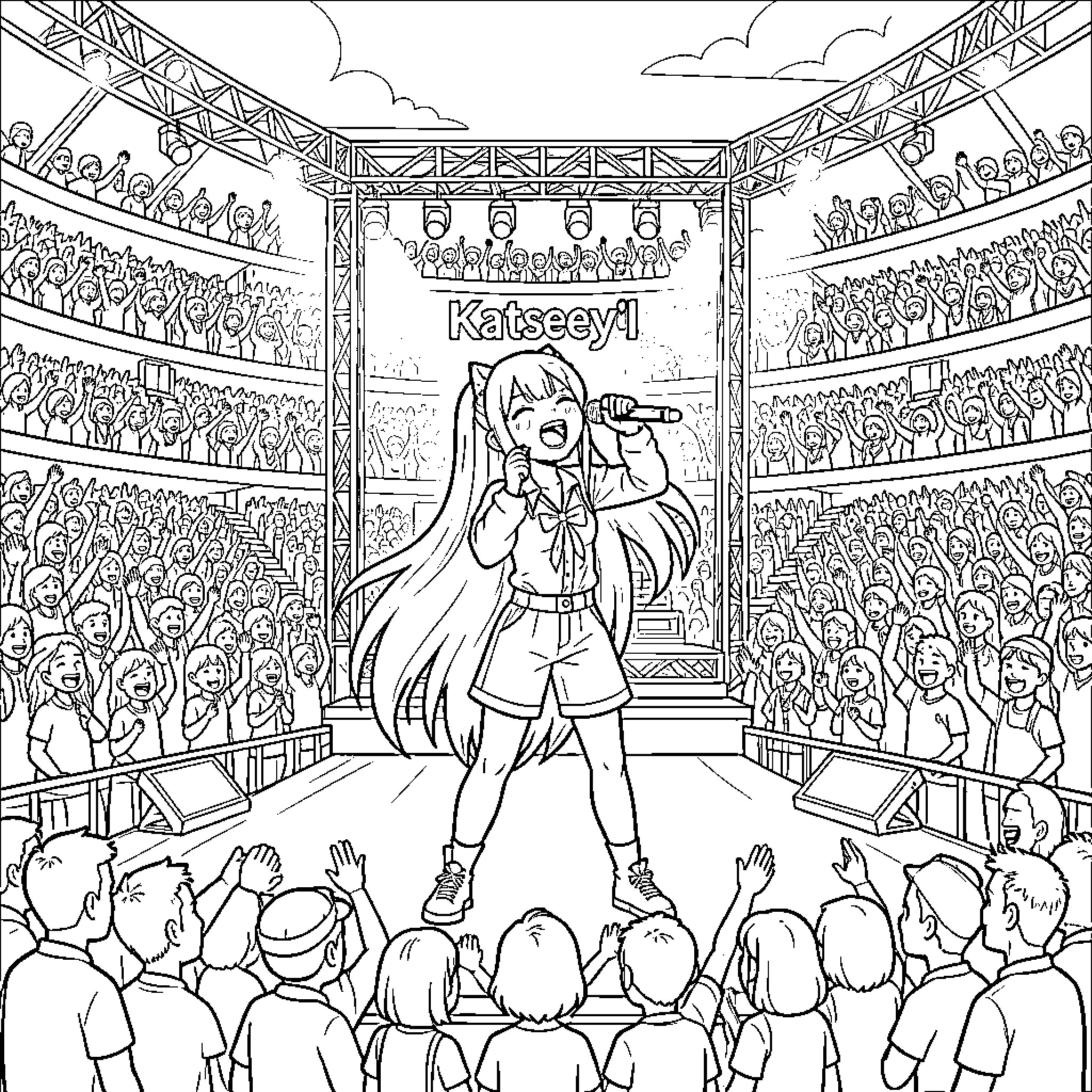 Katseye singing joyfully on stage for a large crowd Coloring Page (free black-and-white line drawing printable PDF for all, from beginners to advanced learners, including children, teens, adults, and seniors)
