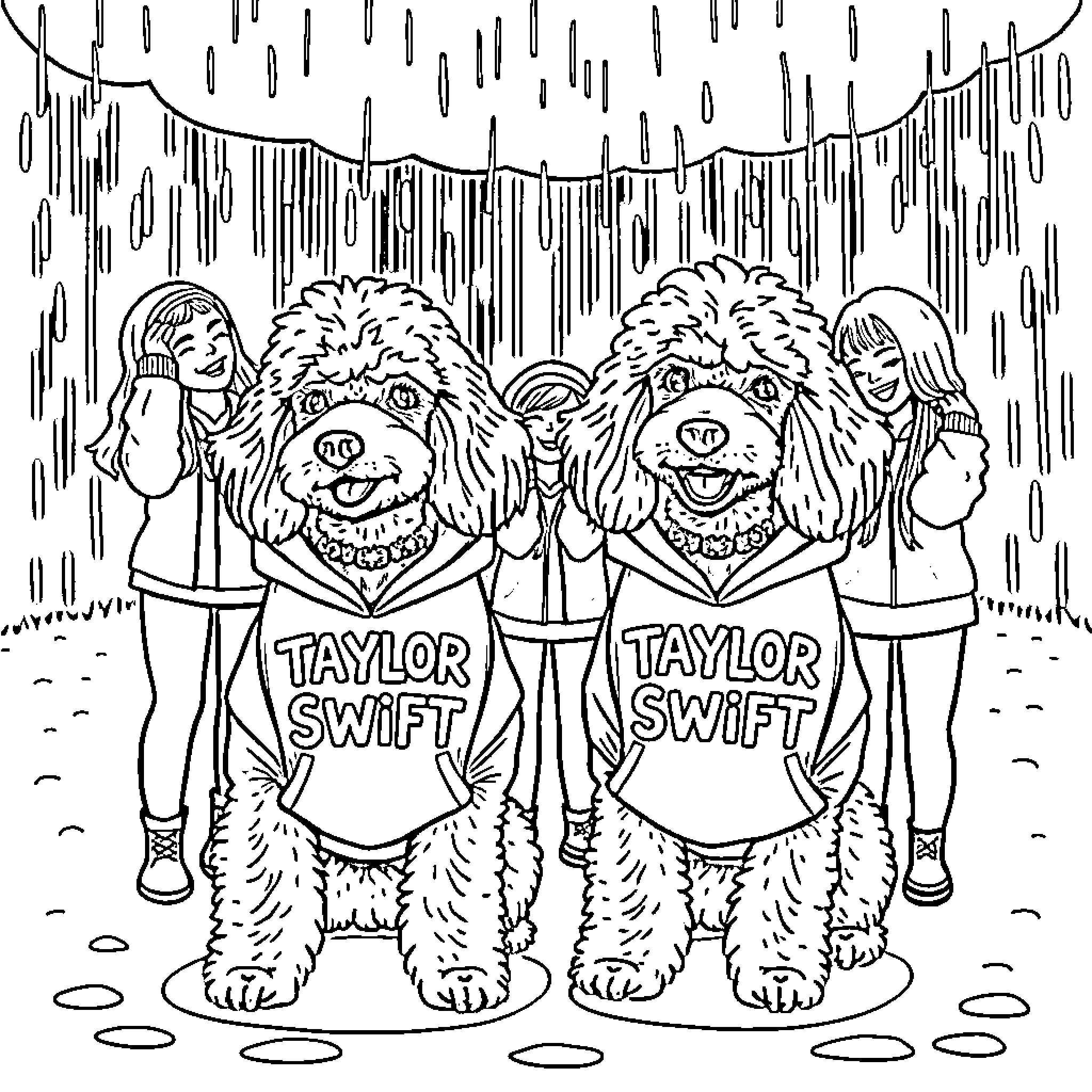 Poodles performing with Taylor Swift fans in the rain Coloring Page (free black-and-white line drawing printable PDF for all, from beginners to advanced learners, including children, teens, adults, and seniors)