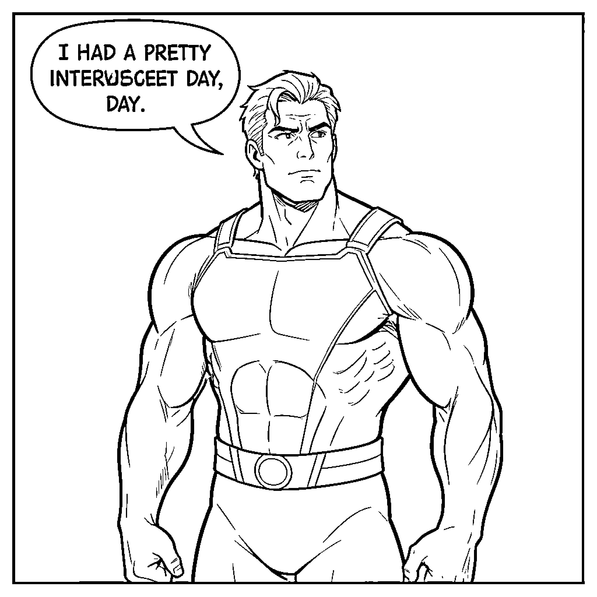 Mark looking thoughtful in a superhero suit Coloring Page (free black-and-white line drawing printable PDF for all, from beginners to advanced learners, including children, teens, adults, and seniors)