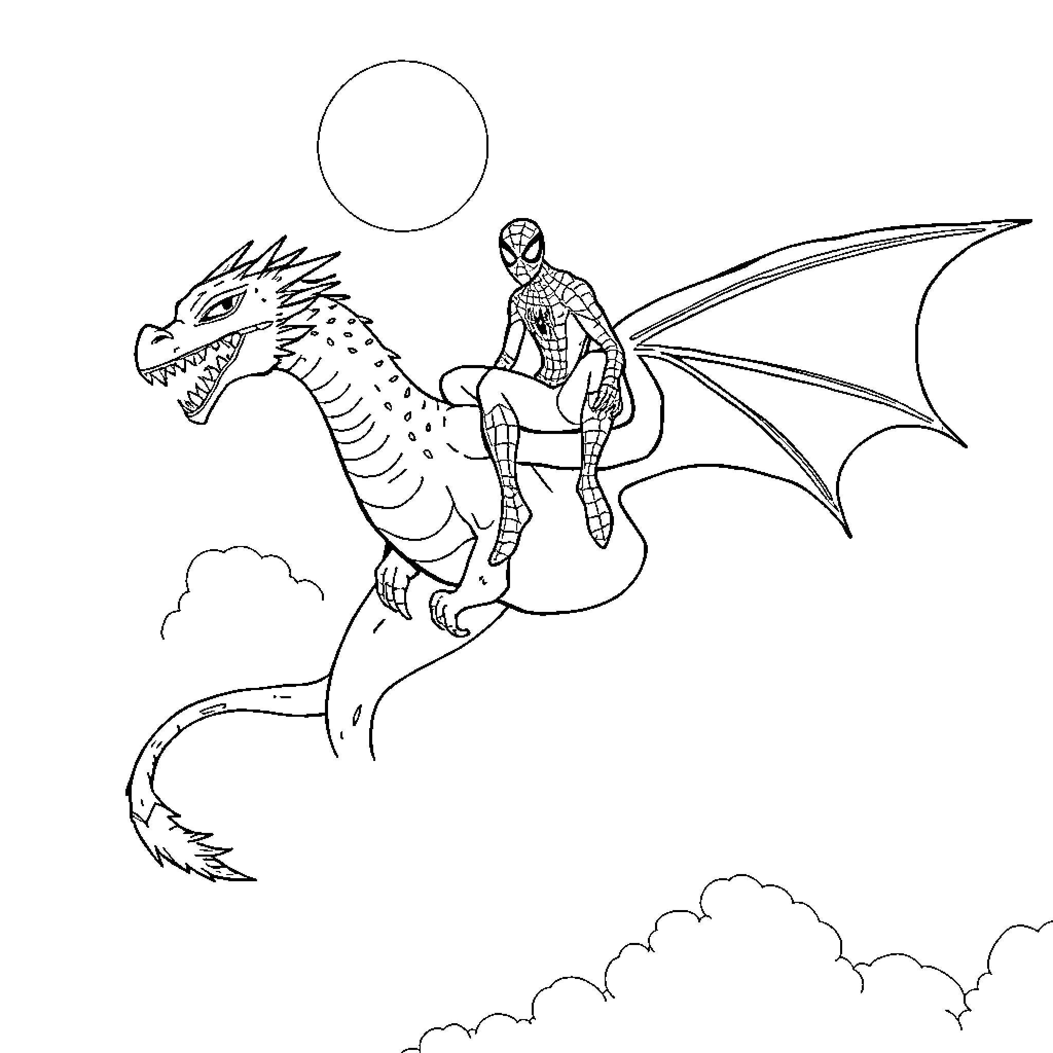 Spiderman riding a dragon in the sky Coloring Page (free black-and-white line drawing printable PDF for all, from beginners to advanced learners, including children, teens, adults, and seniors)