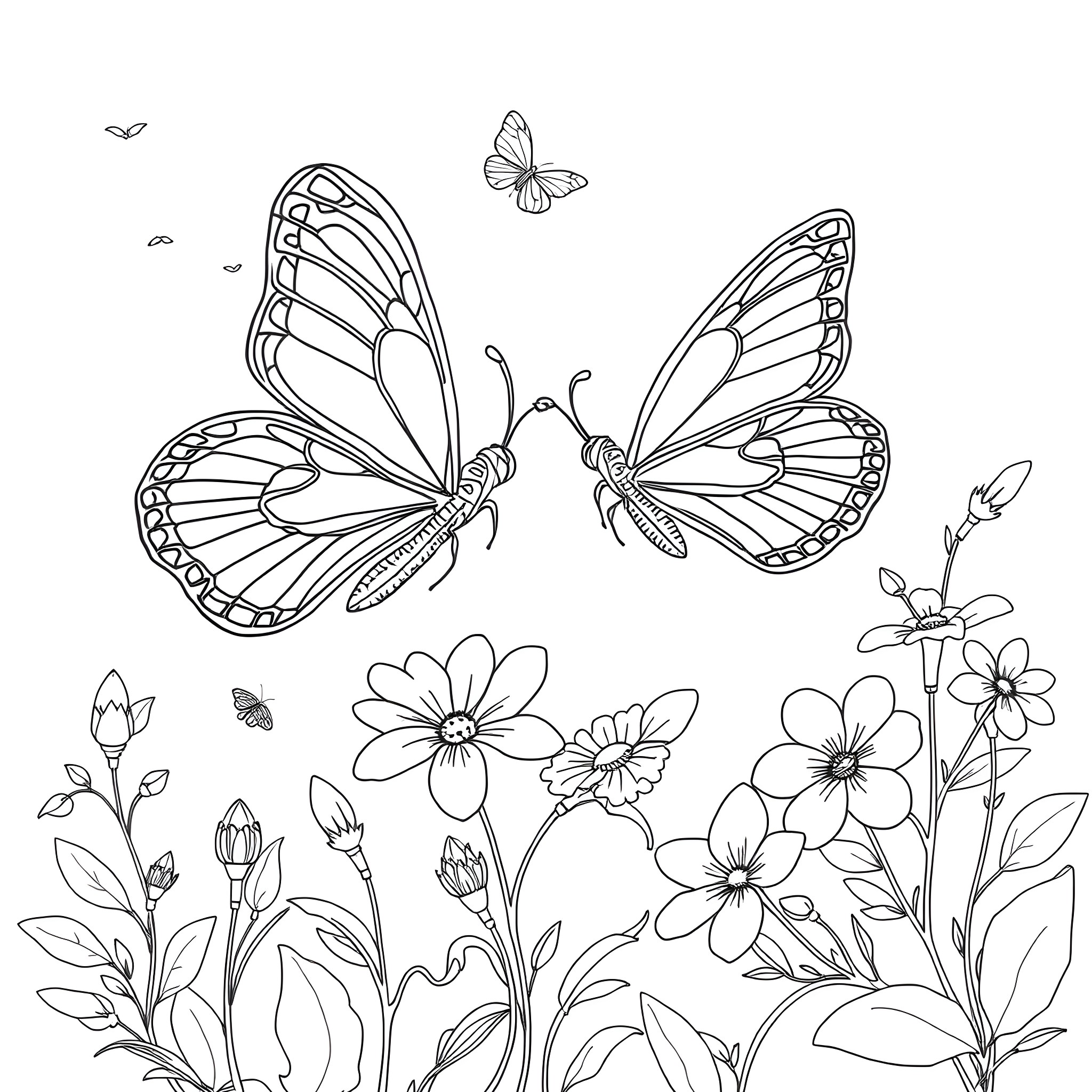 Butterfly Frolicking Among Flowers Coloring Page (free black-and-white line drawing printable PDF for all, from beginners to advanced learners, including children, teens, adults, and seniors)