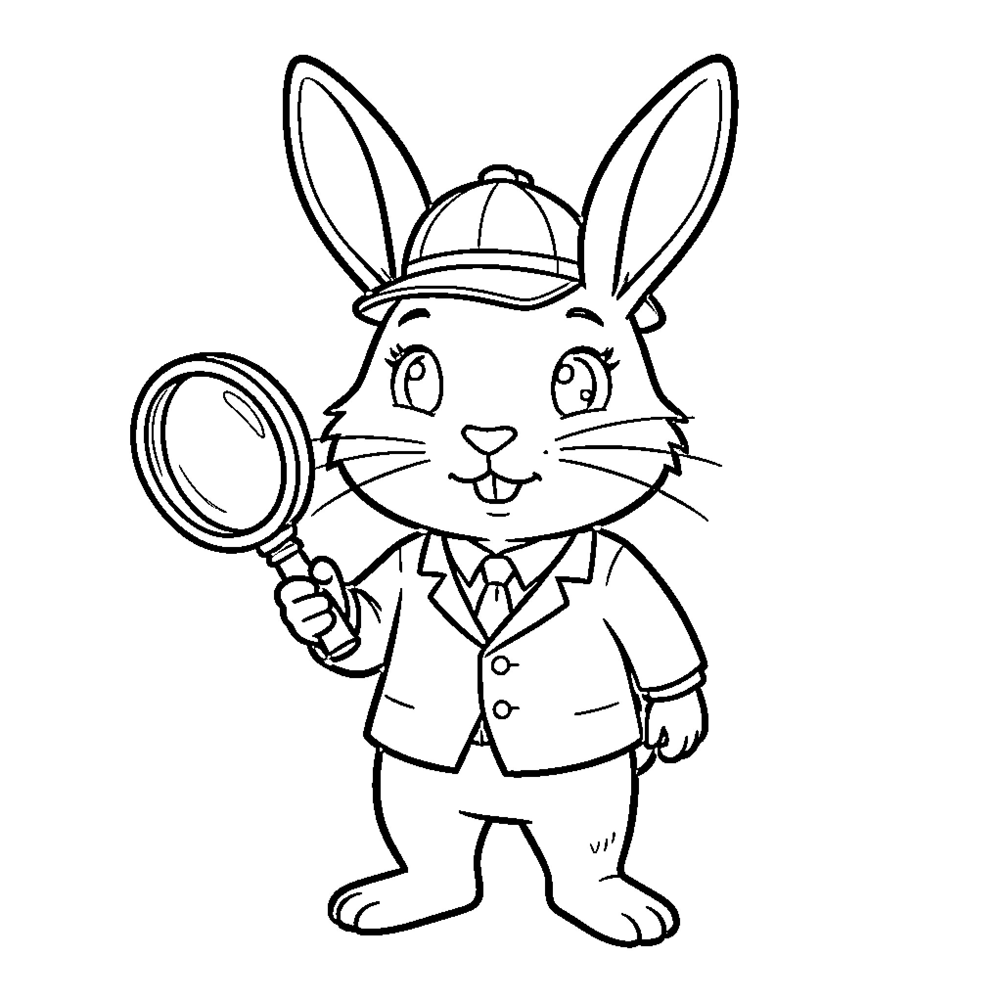Rabbit Detective Investigating with Magnifying Glass Coloring Page (free black-and-white line drawing printable PDF for all, from beginners to advanced learners, including children, teens, adults, and seniors)