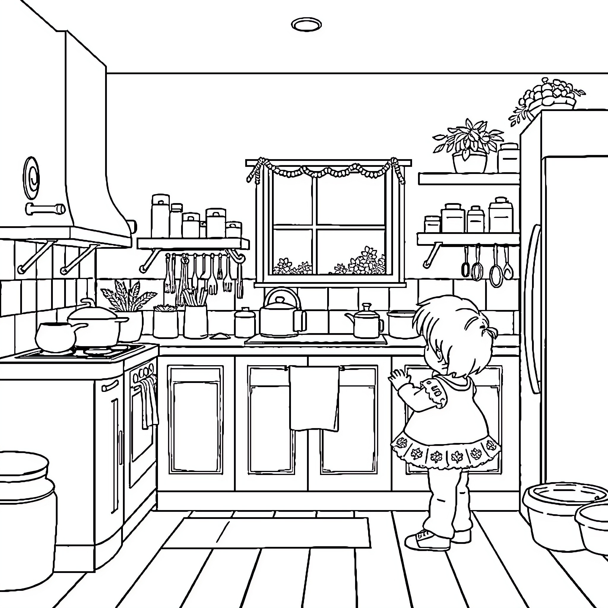 Child exploring a cozy kitchen scene Coloring Page (free black-and-white line drawing printable PDF for all, from beginners to advanced learners, including children, teens, adults, and seniors)