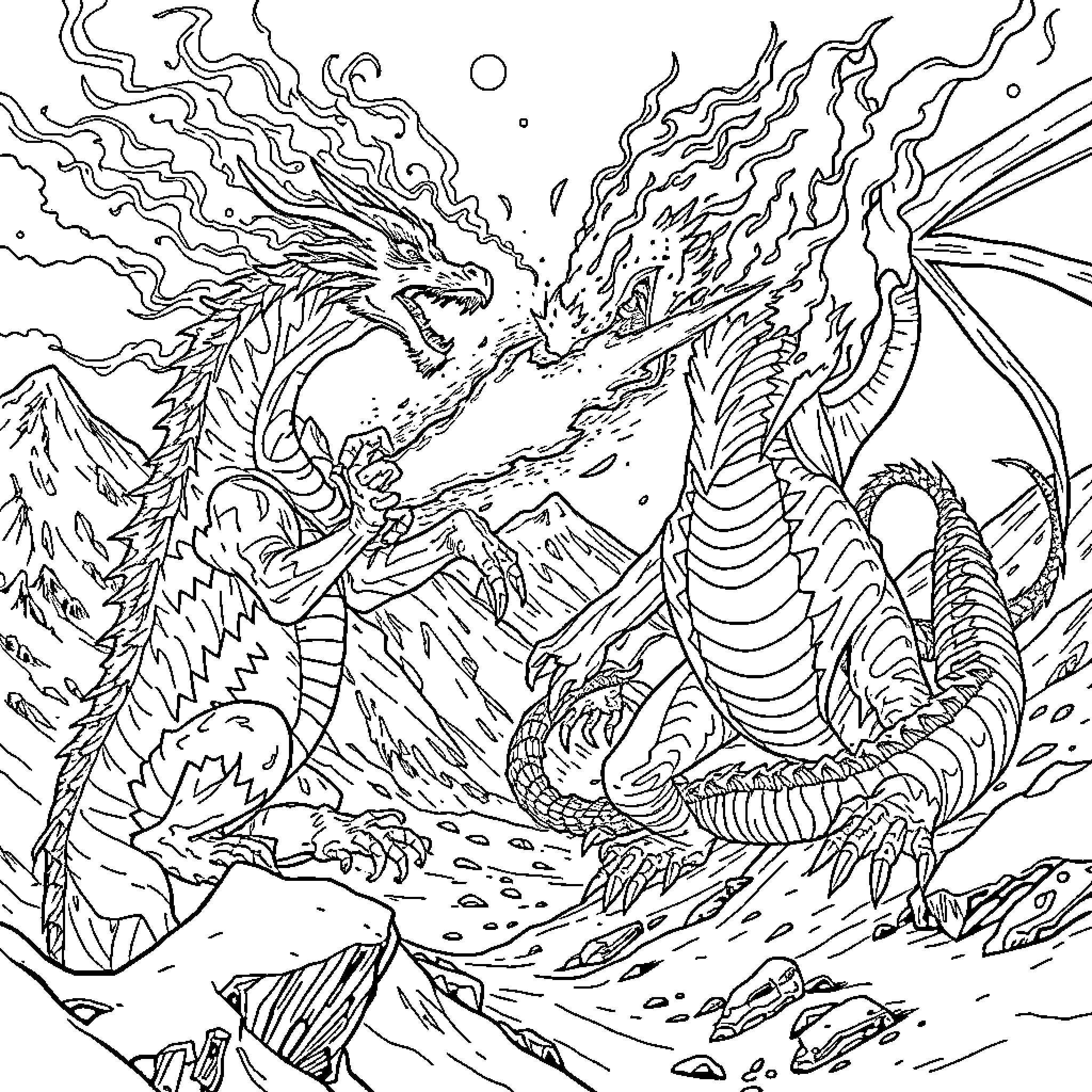 Dragon unleashing fiery breath over a mountainous landscape Coloring Page (free black-and-white line drawing printable PDF for all, from beginners to advanced learners, including children, teens, adults, and seniors)