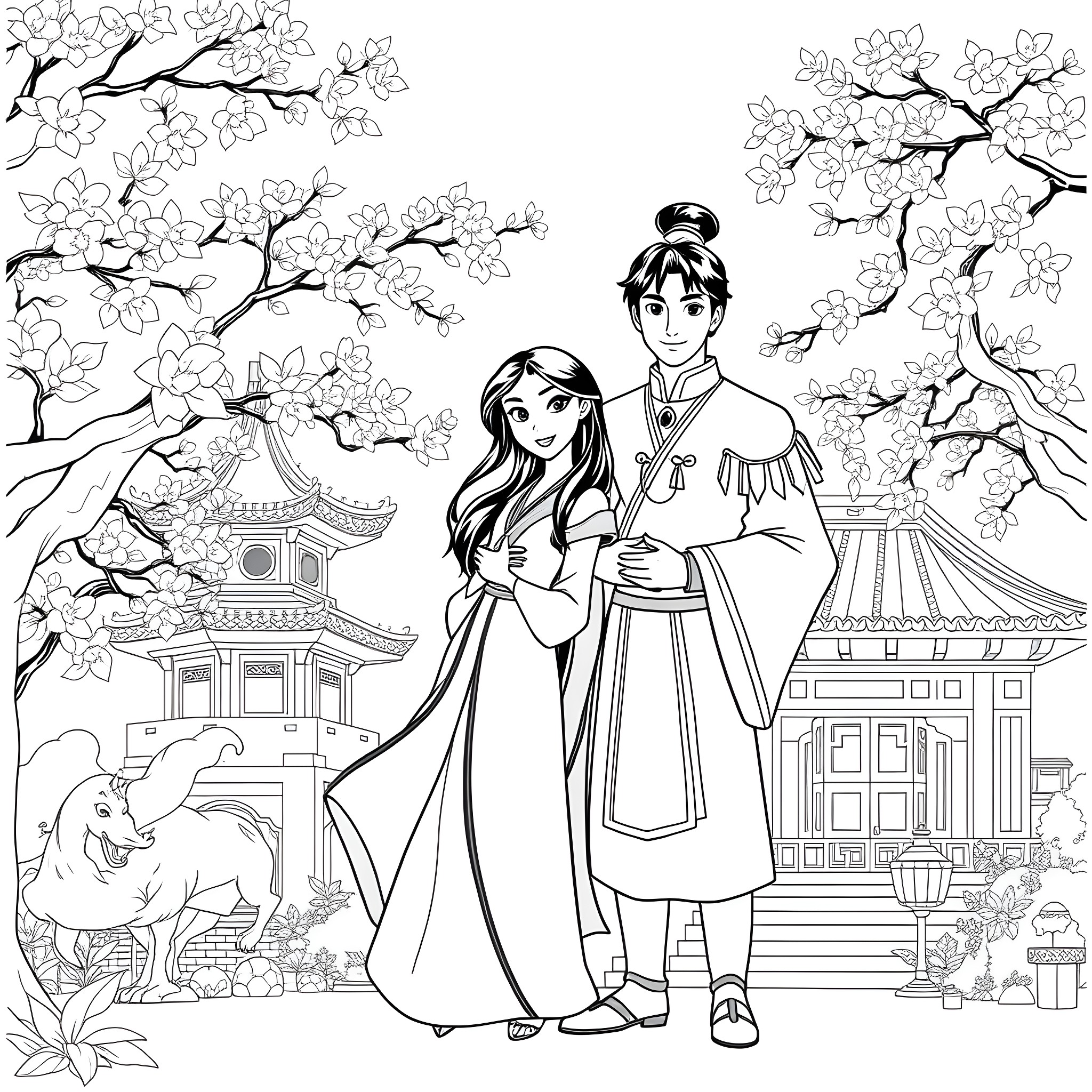 Mulan and Shang in Traditional Chinese Attire Coloring Page (free black-and-white line drawing printable PDF for all, from beginners to advanced learners, including children, teens, adults, and seniors)