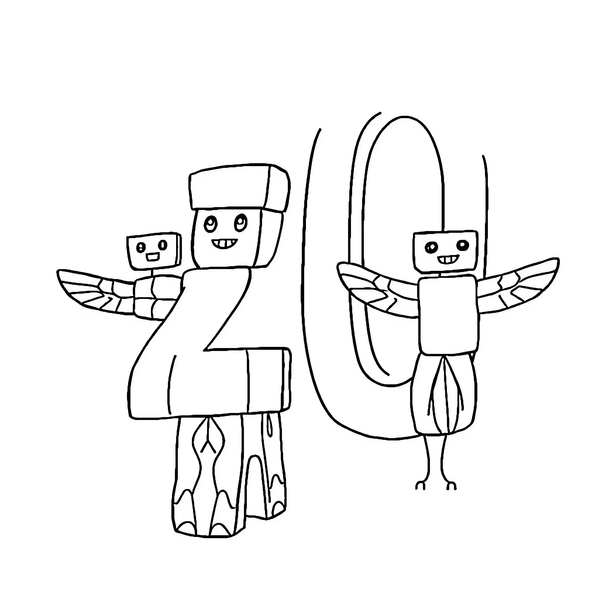 Number 20 Robot Figures with Wings Coloring Page (free black-and-white line drawing printable PDF for all, from beginners to advanced learners, including children, teens, adults, and seniors)