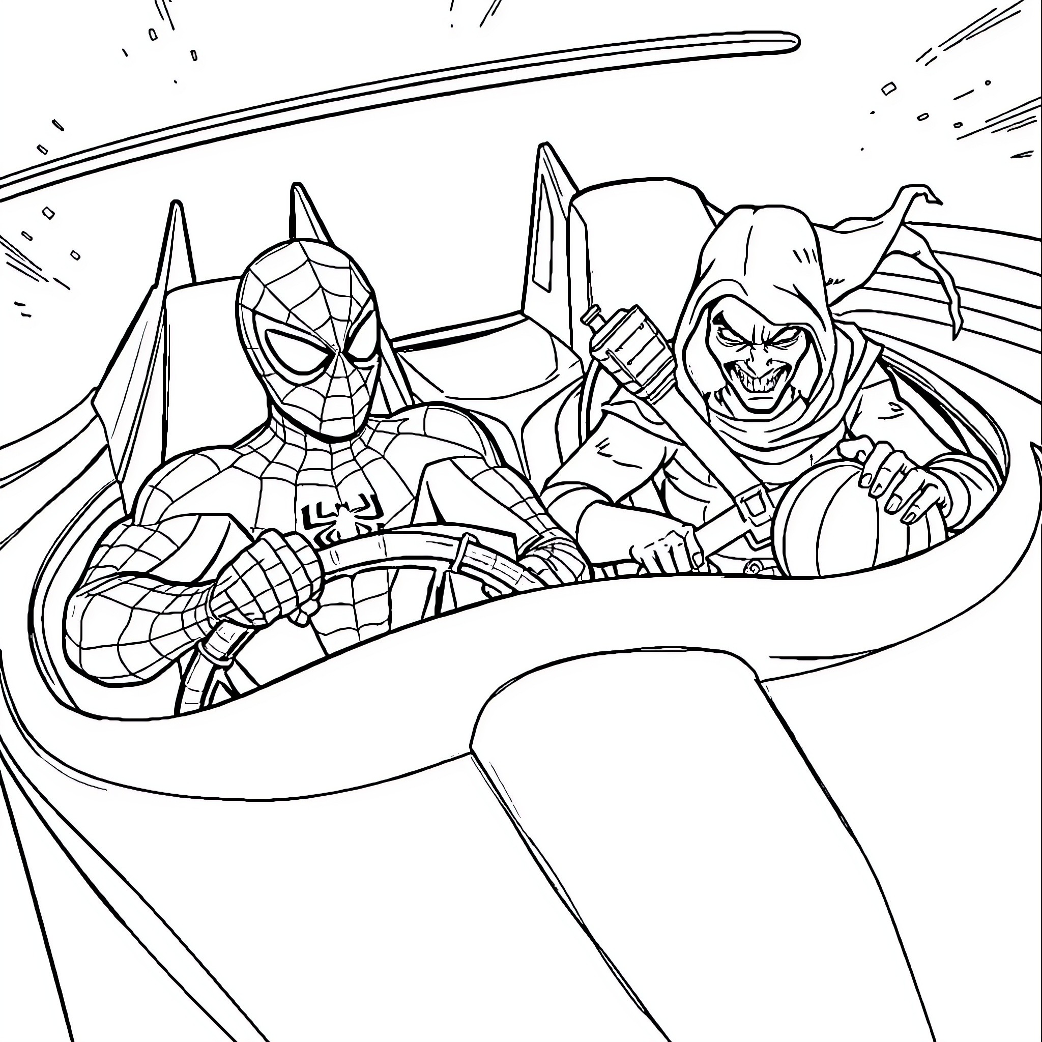 Spider-Man and Villain in High-Speed Chase Coloring Page (free black-and-white line drawing printable PDF for all, from beginners to advanced learners, including children, teens, adults, and seniors)